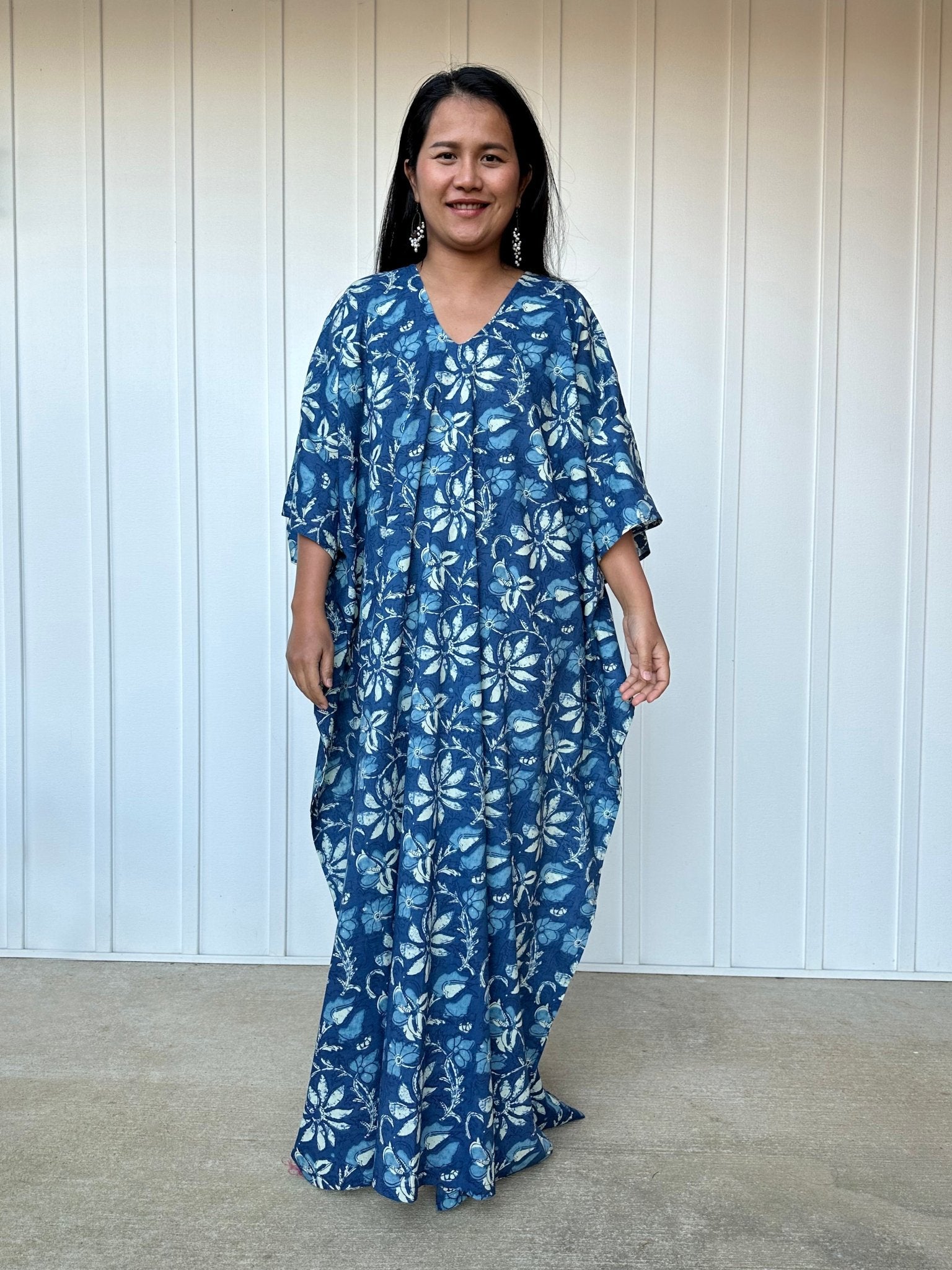 MALA handworks  Evelyn Kaftan in Blue and Floral Pattern