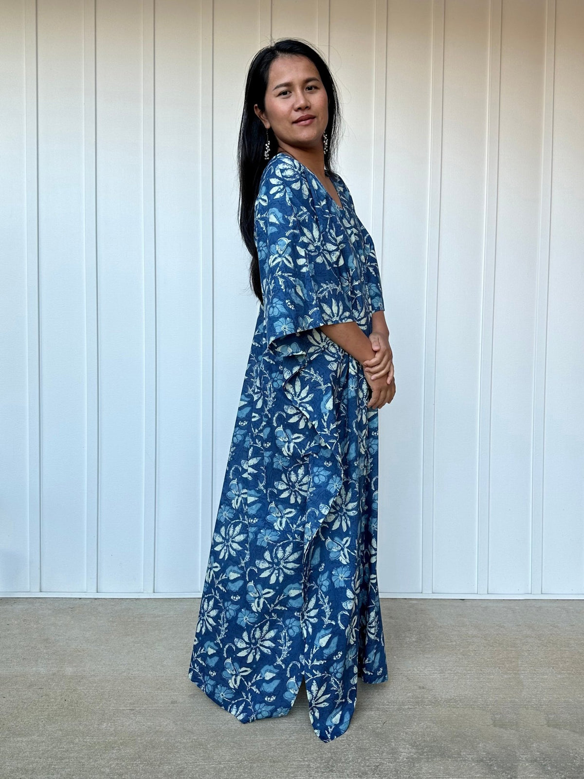 MALA handworks  Evelyn Kaftan in Blue and Floral Pattern