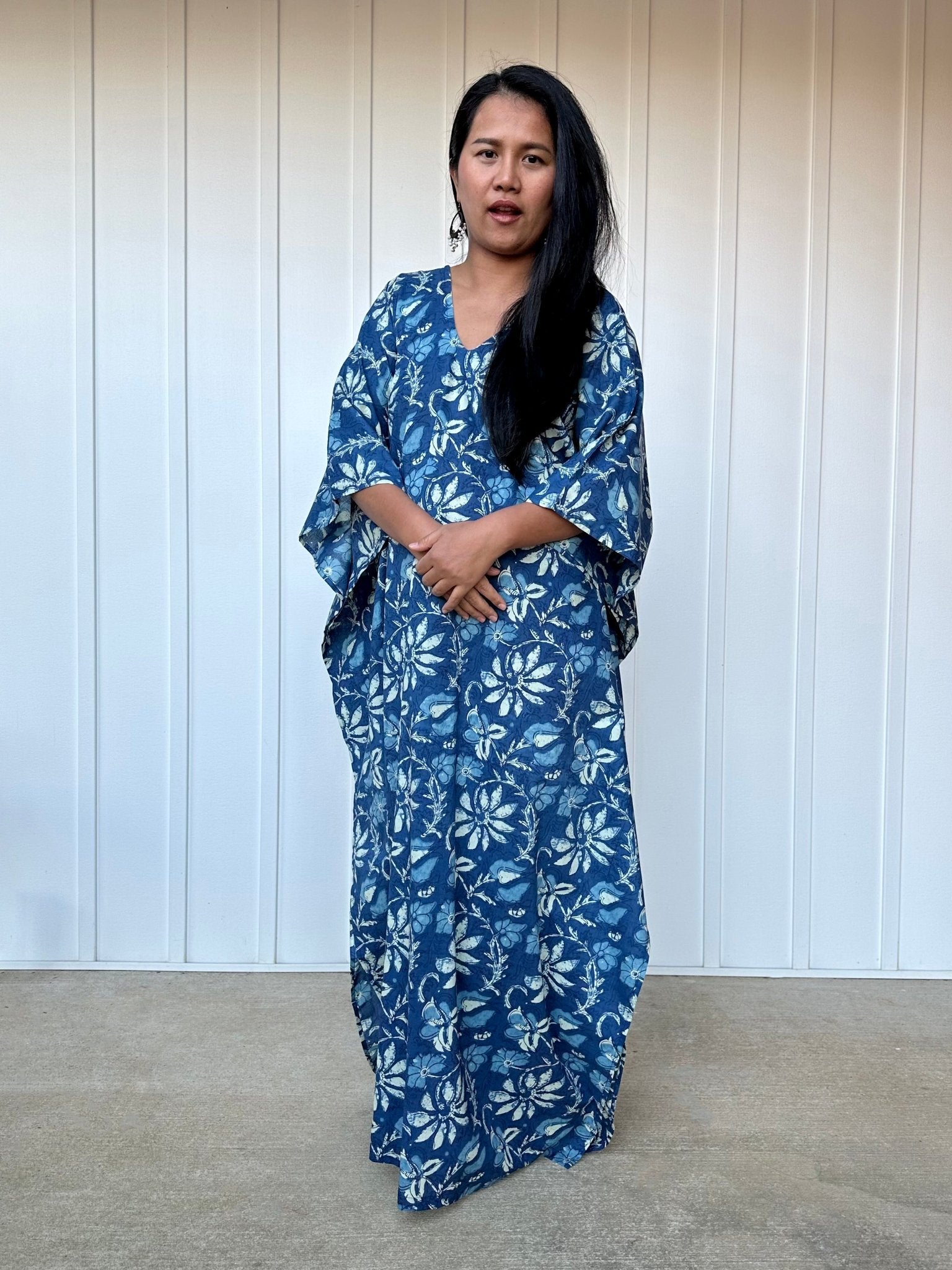 MALA handworks  Evelyn Kaftan in Blue and Floral Pattern