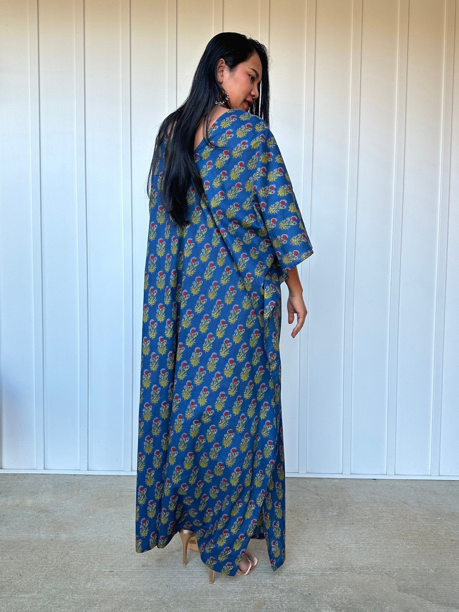 MALA handworks  Evelyn Kaftan in Blue and Floral Pattern