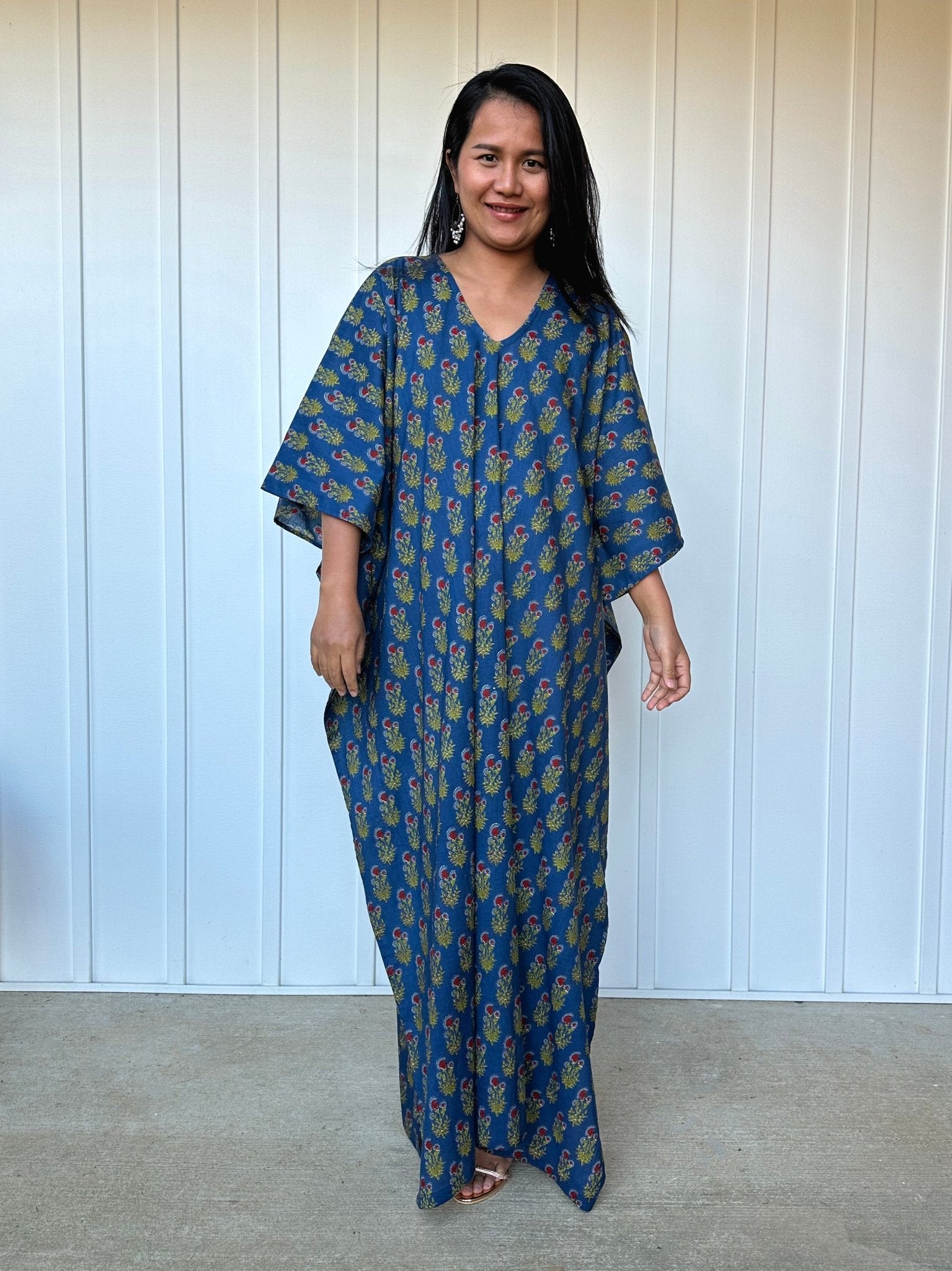 MALA handworks  Evelyn Kaftan in Blue and Floral Pattern