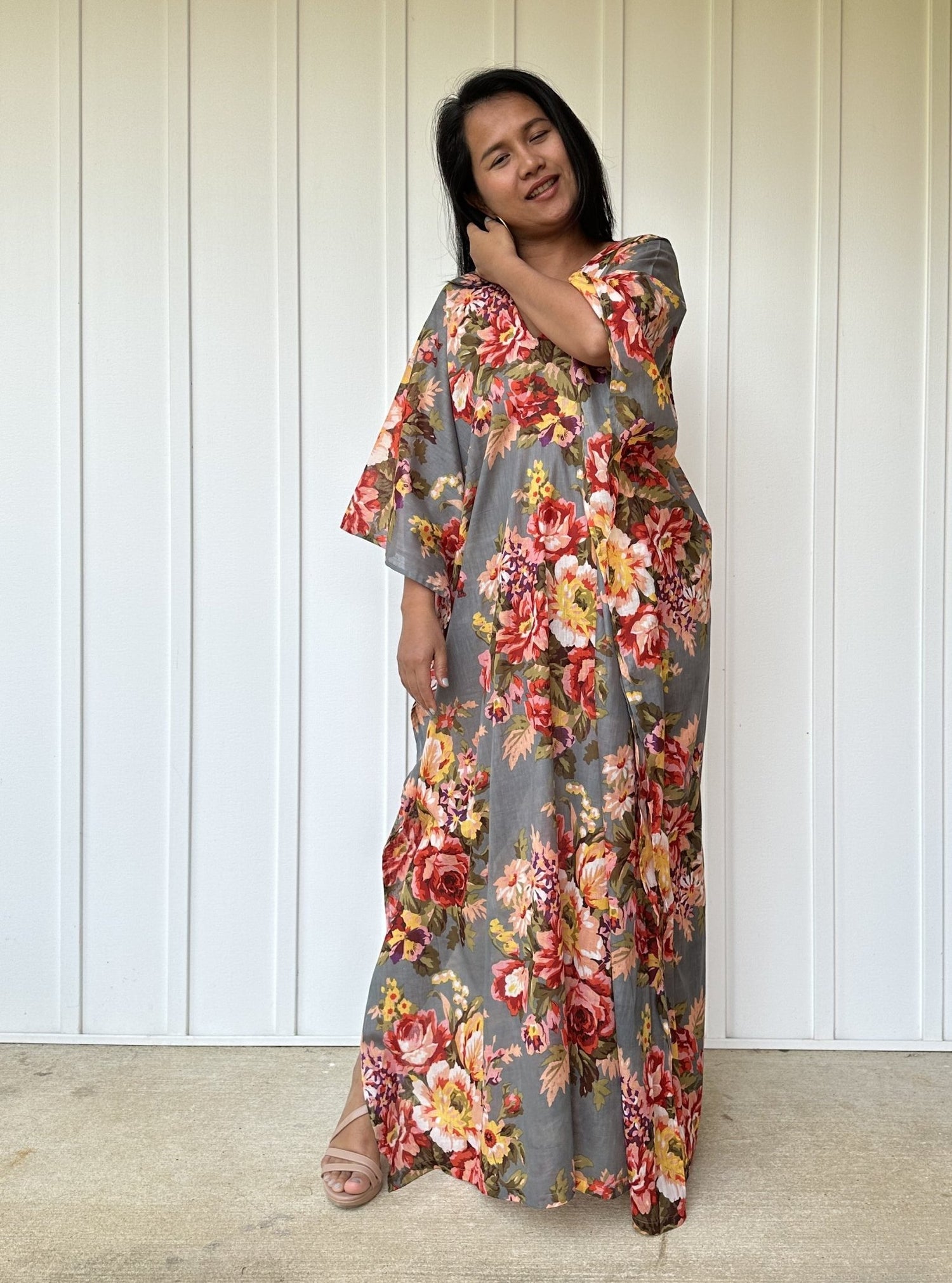 MALA handworks  56 Evelyn Kaftan in Gray and Floral Pattern