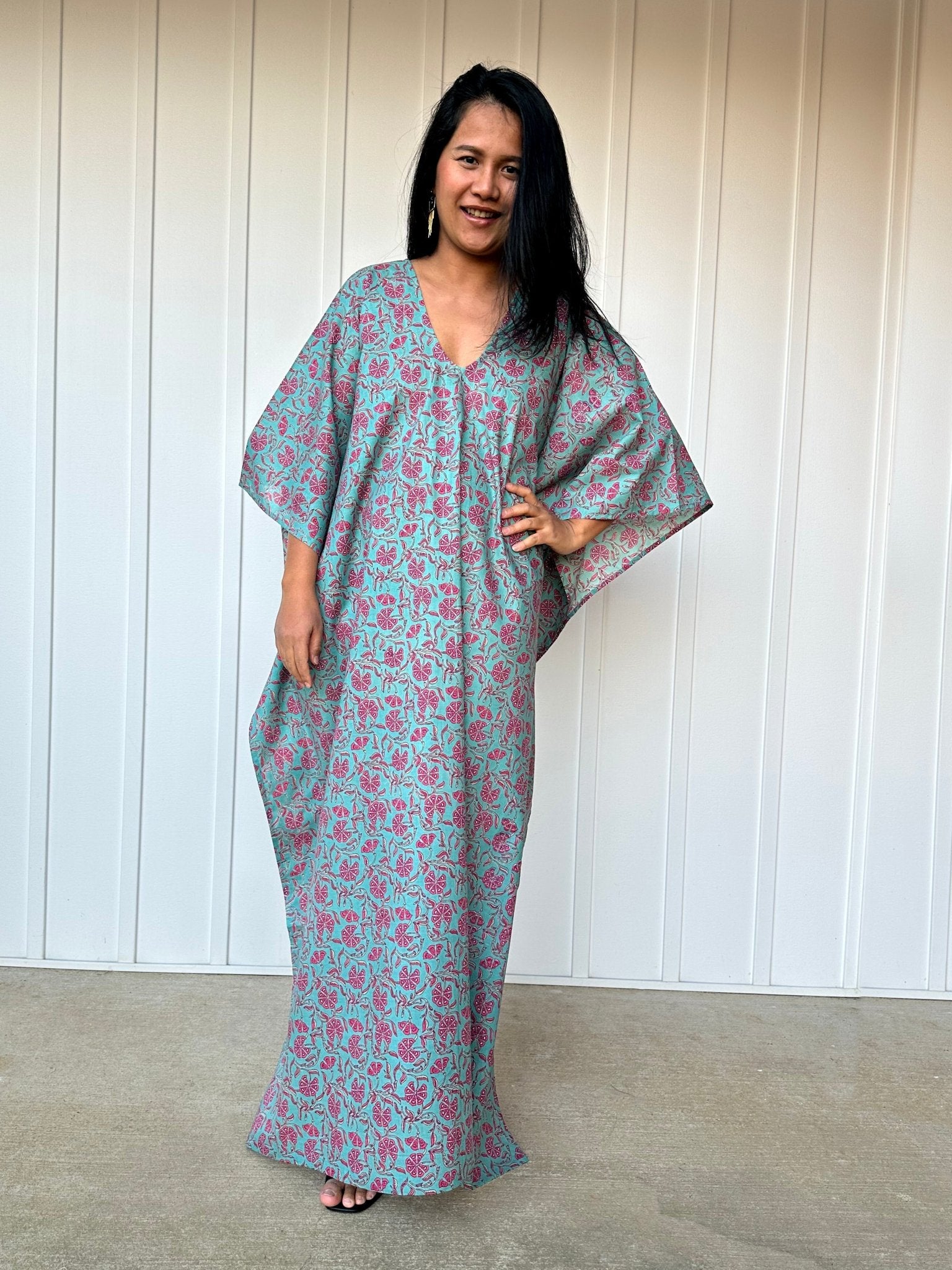 MALA handworks  Evelyn Kaftan in Green and Floral Pattern