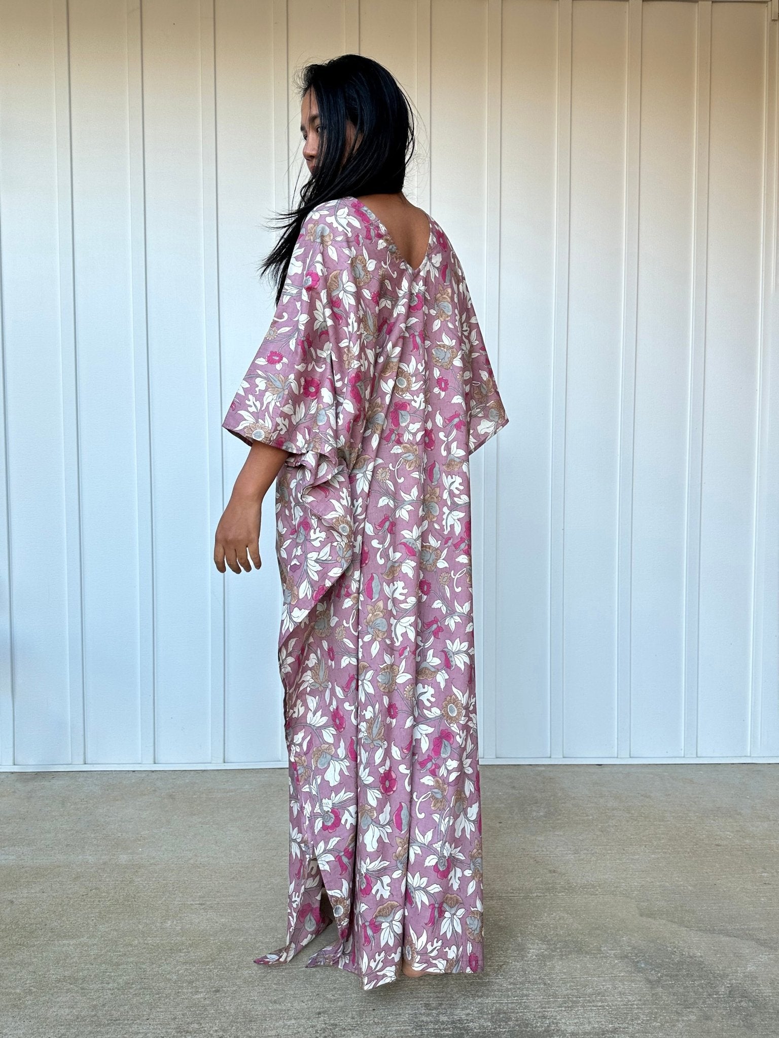 MALA handworks  Evelyn Kaftan in Lavender and Floral Pattern