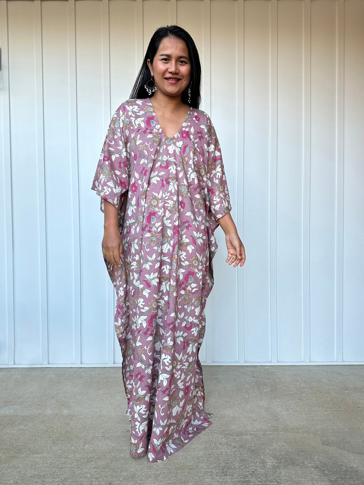 MALA handworks  Evelyn Kaftan in Lavender and Floral Pattern