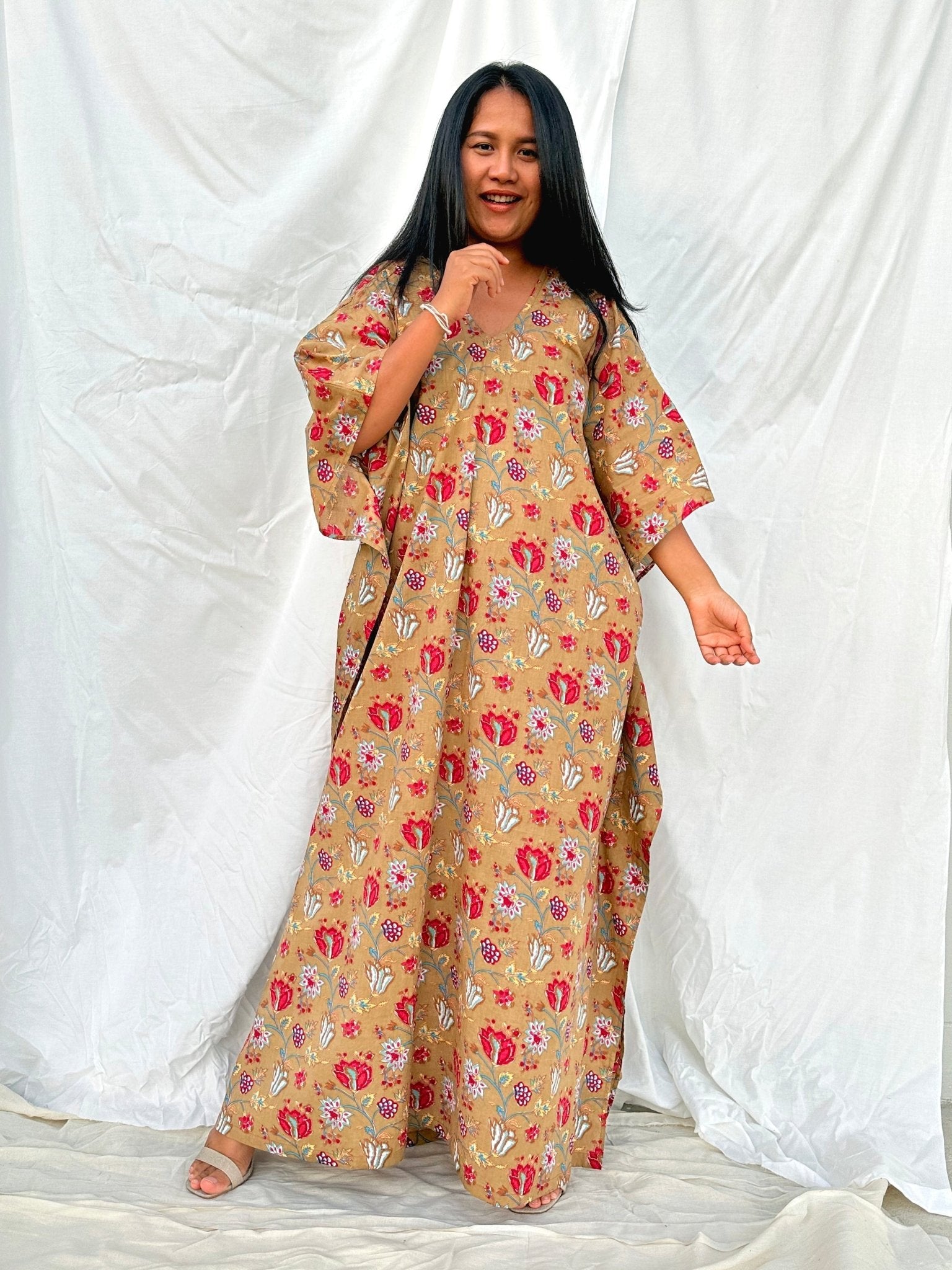 MALA handworks  56 Evelyn Kaftan in Light Brown and Floral Pattern