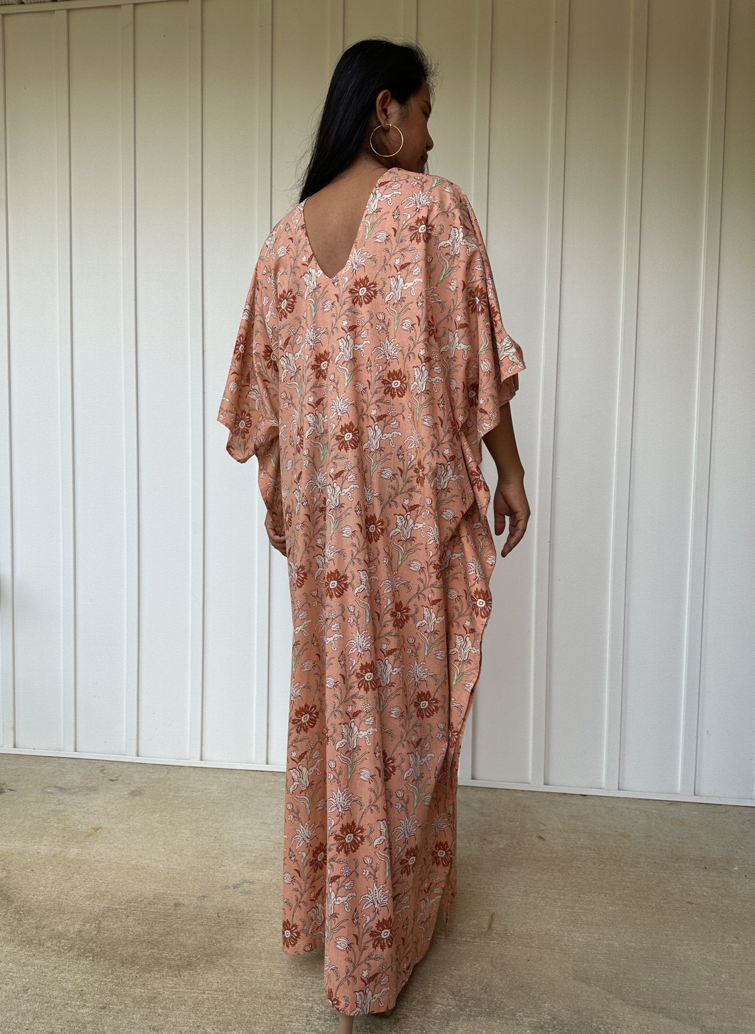 MALA handworks  56 Evelyn Kaftan in Skin Pink and Floral Pattern