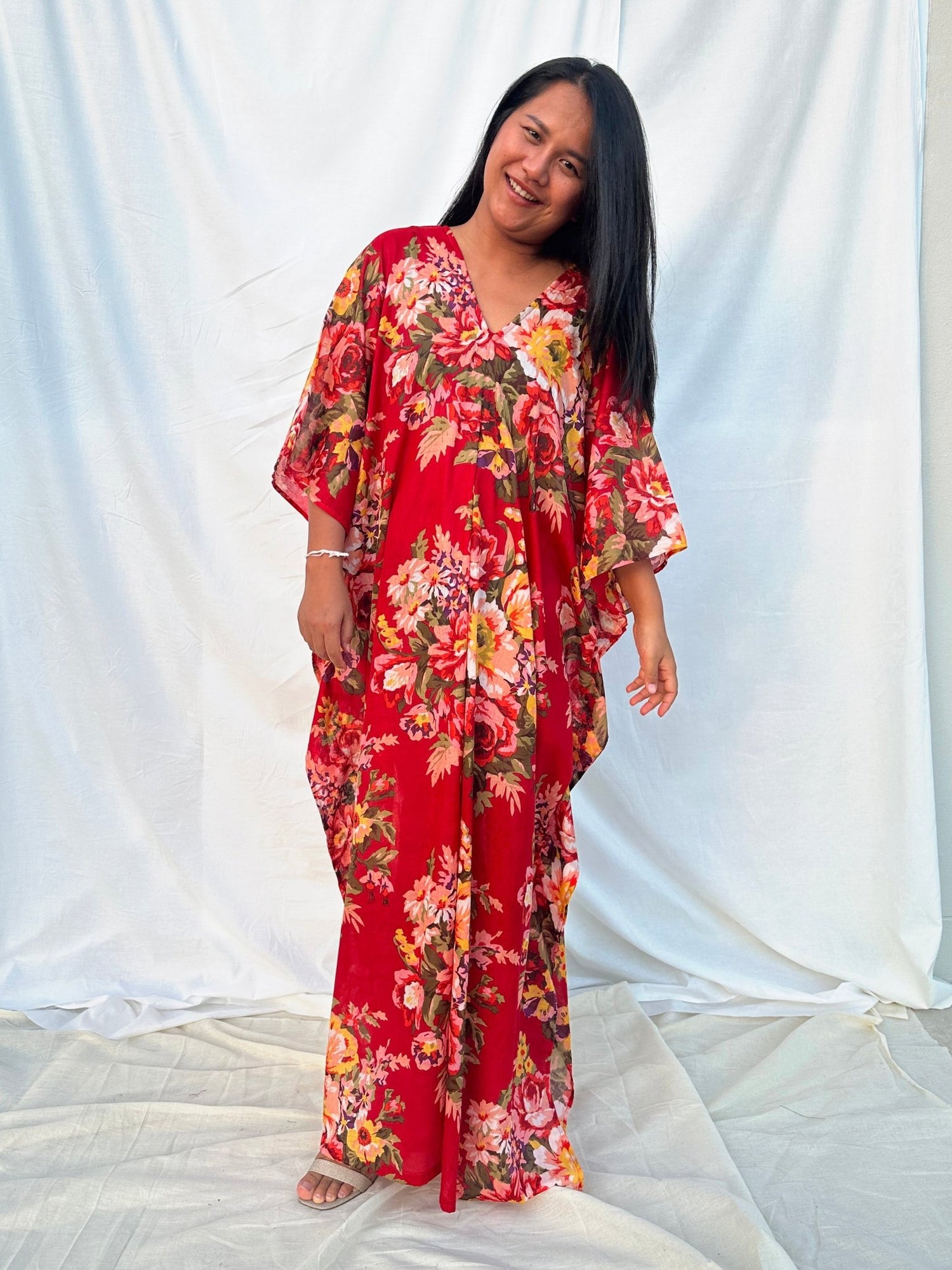 MALA handworks  56 Evelyn Kaftan in Red and Floral Pattern