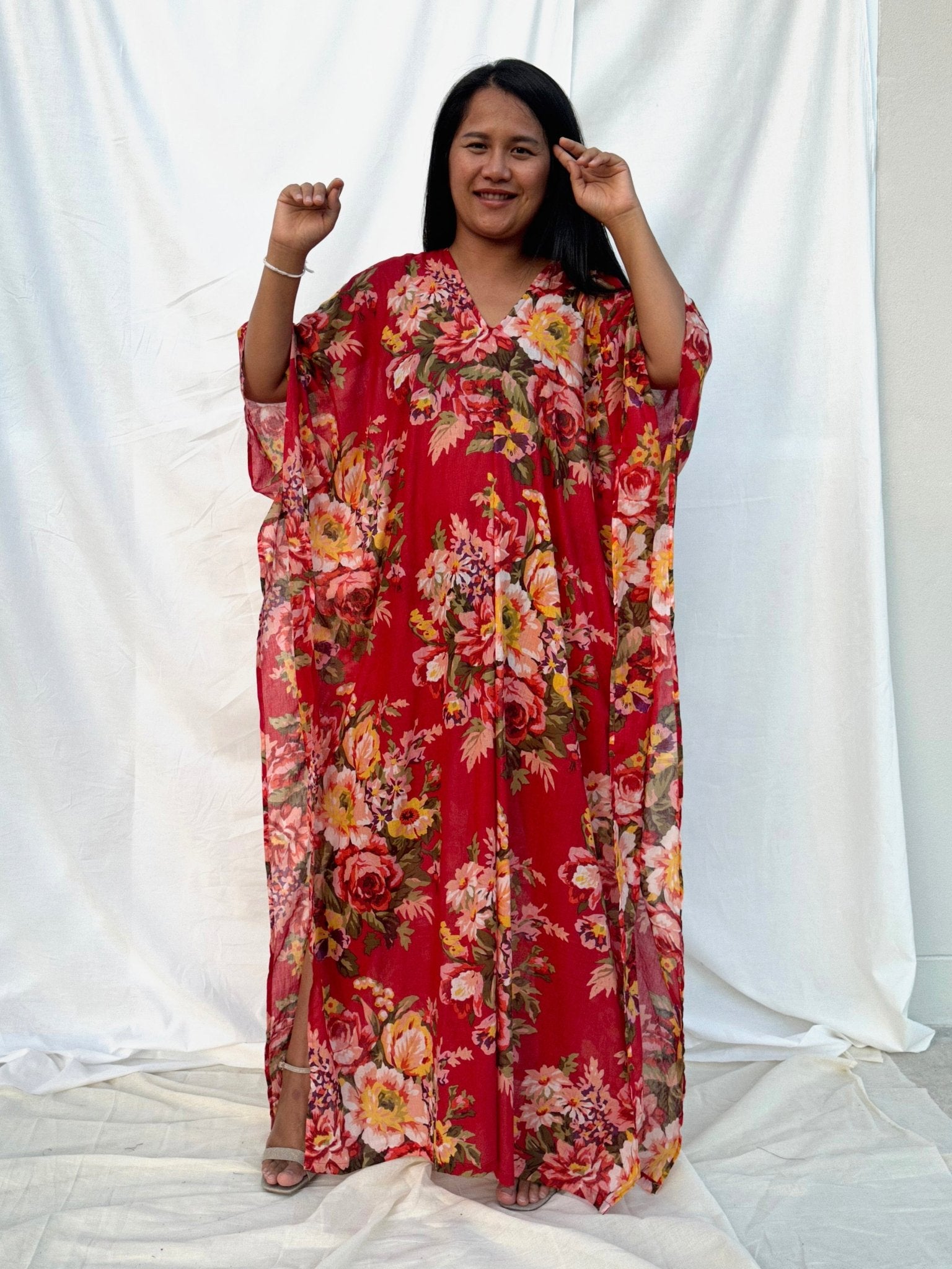 MALA handworks  56 Evelyn Kaftan in Red and Floral Pattern