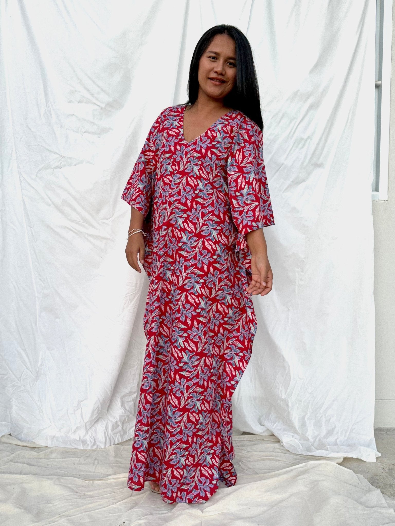 MALA handworks  56 Evelyn Kaftan in Red and Floral Pattern