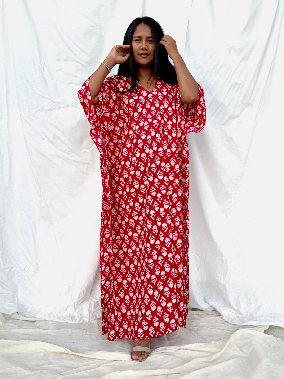 MALA handworks  56 Evelyn Kaftan in Red and White Pattern