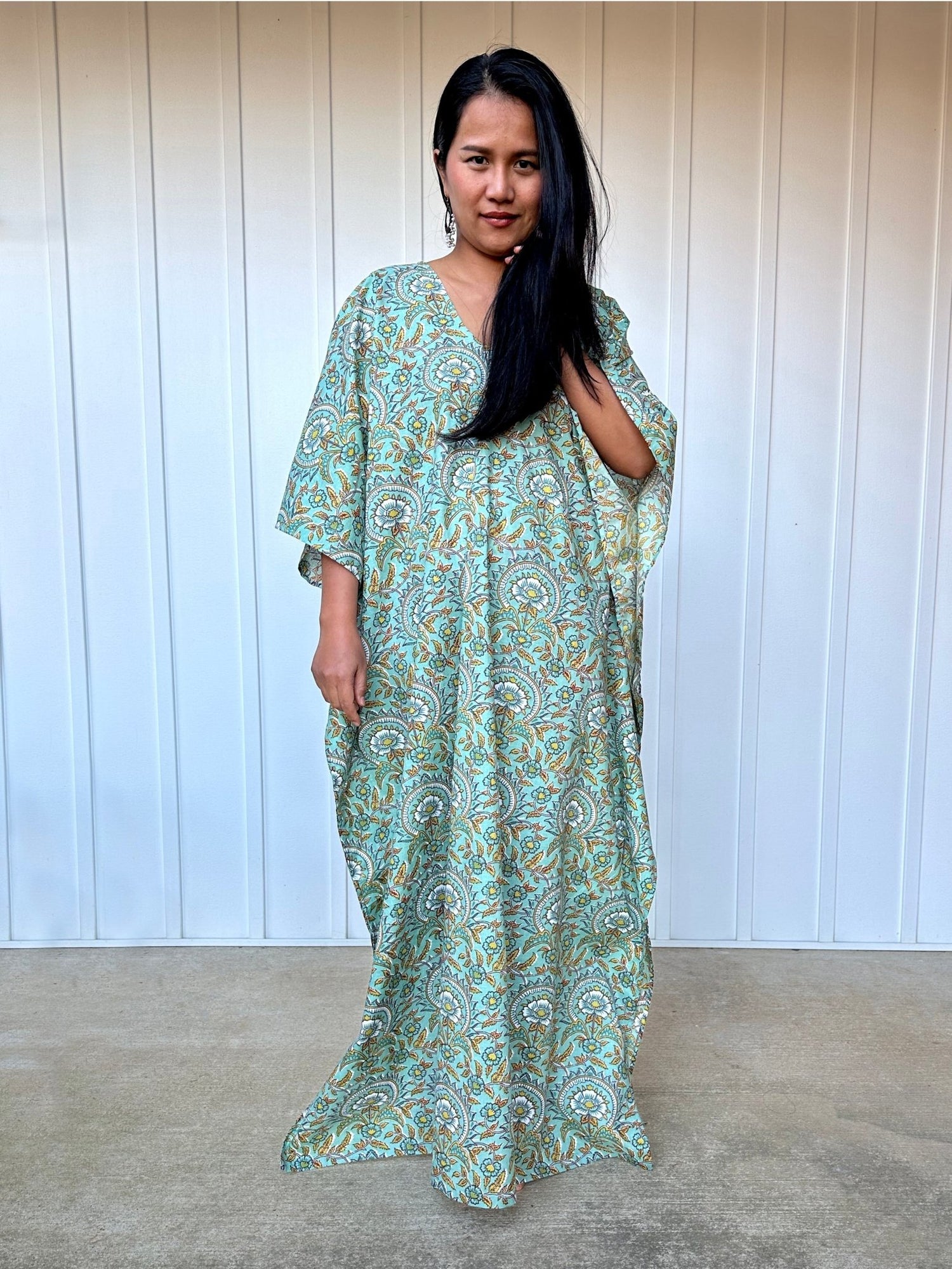 MALA handworks Evelyn Kaftan in Teal Green and Floral Pattern