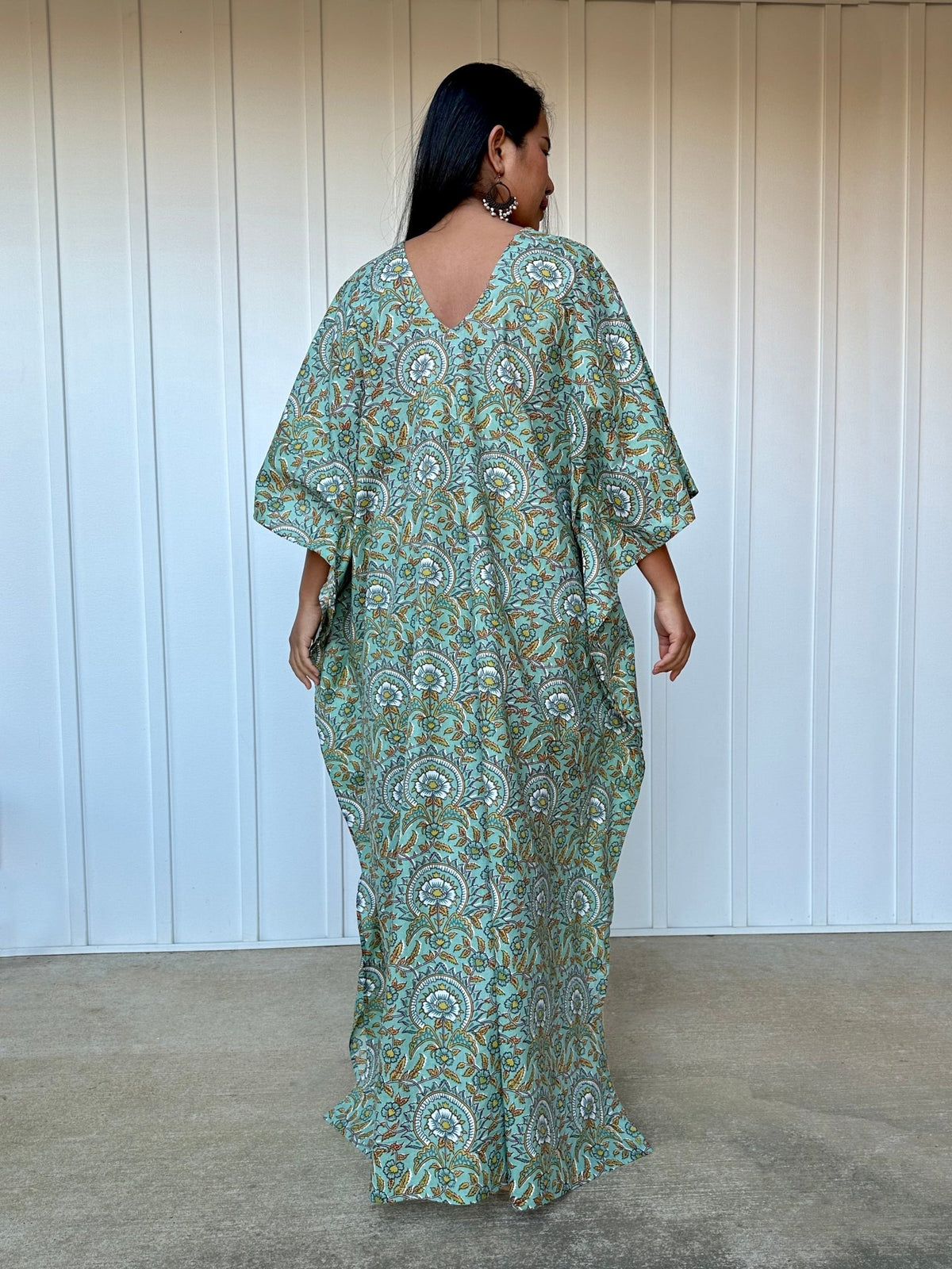 MALA handworks Evelyn Kaftan in Teal Green and Floral Pattern