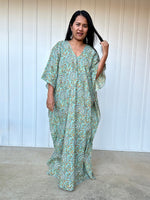 MALA handworks Evelyn Kaftan in Teal Green and Floral Pattern