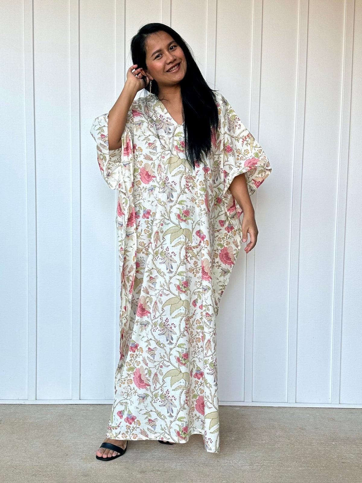 MALA handworks  56 Evelyn Kaftan in White and Floral Pattern