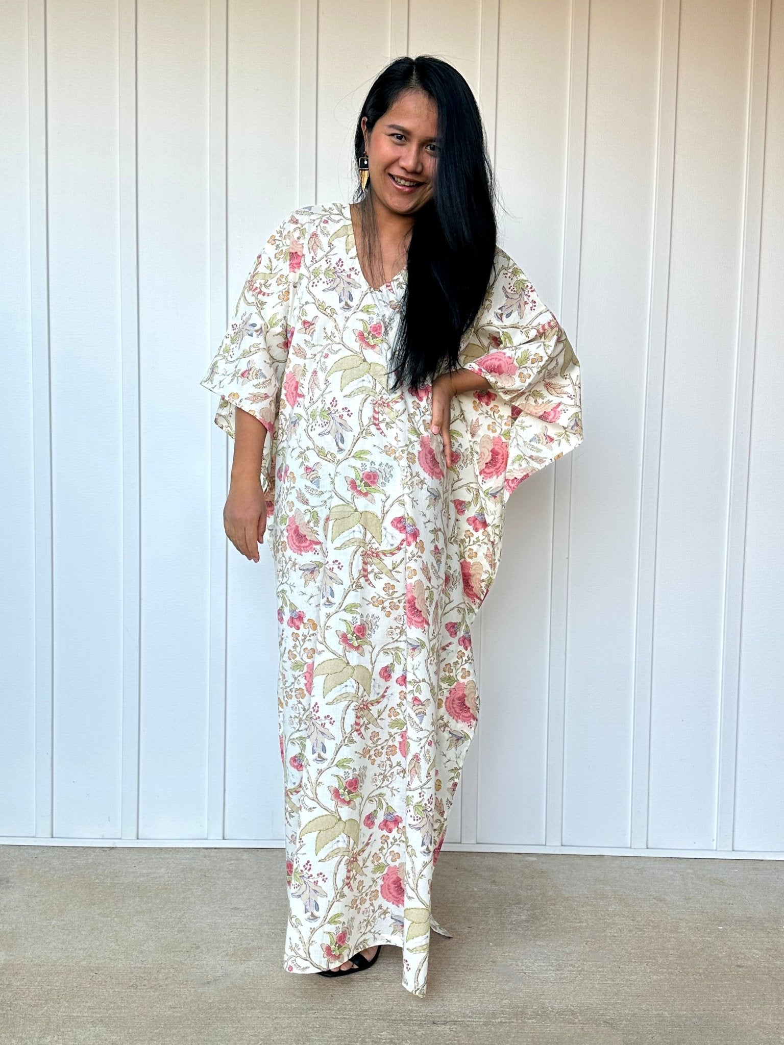MALA handworks  56 Evelyn Kaftan in White and Floral Pattern