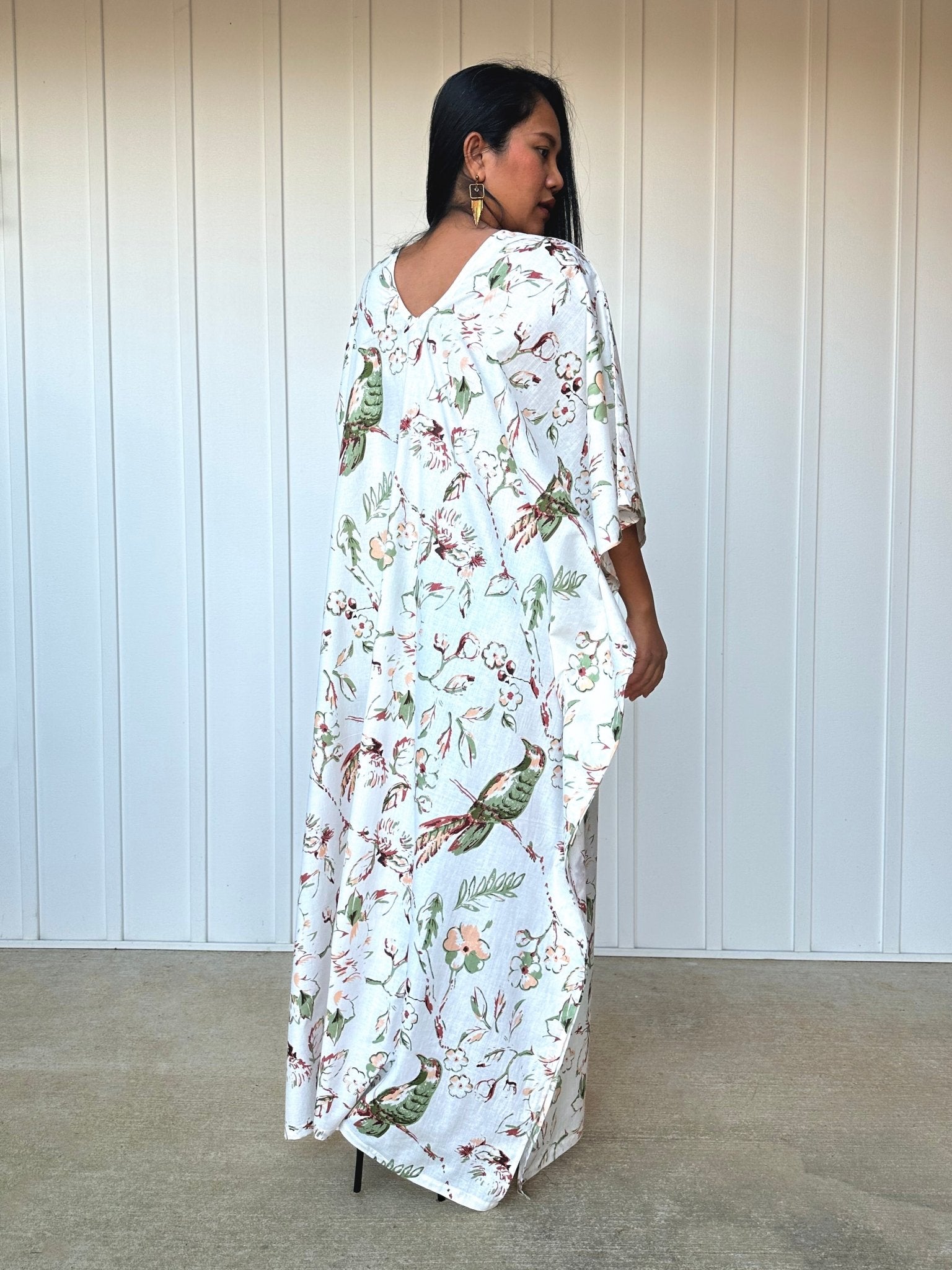 MALA handworks  56 Evelyn Kaftan in White and Floral Pattern