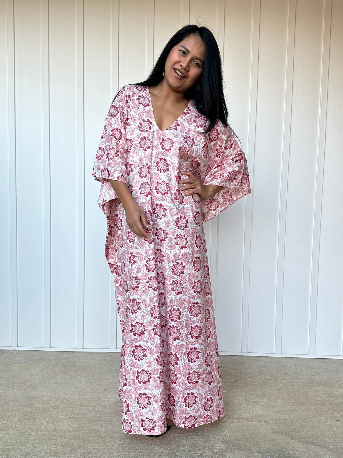 MALA handworks  56 Evelyn Kaftan in White and Floral Pattern