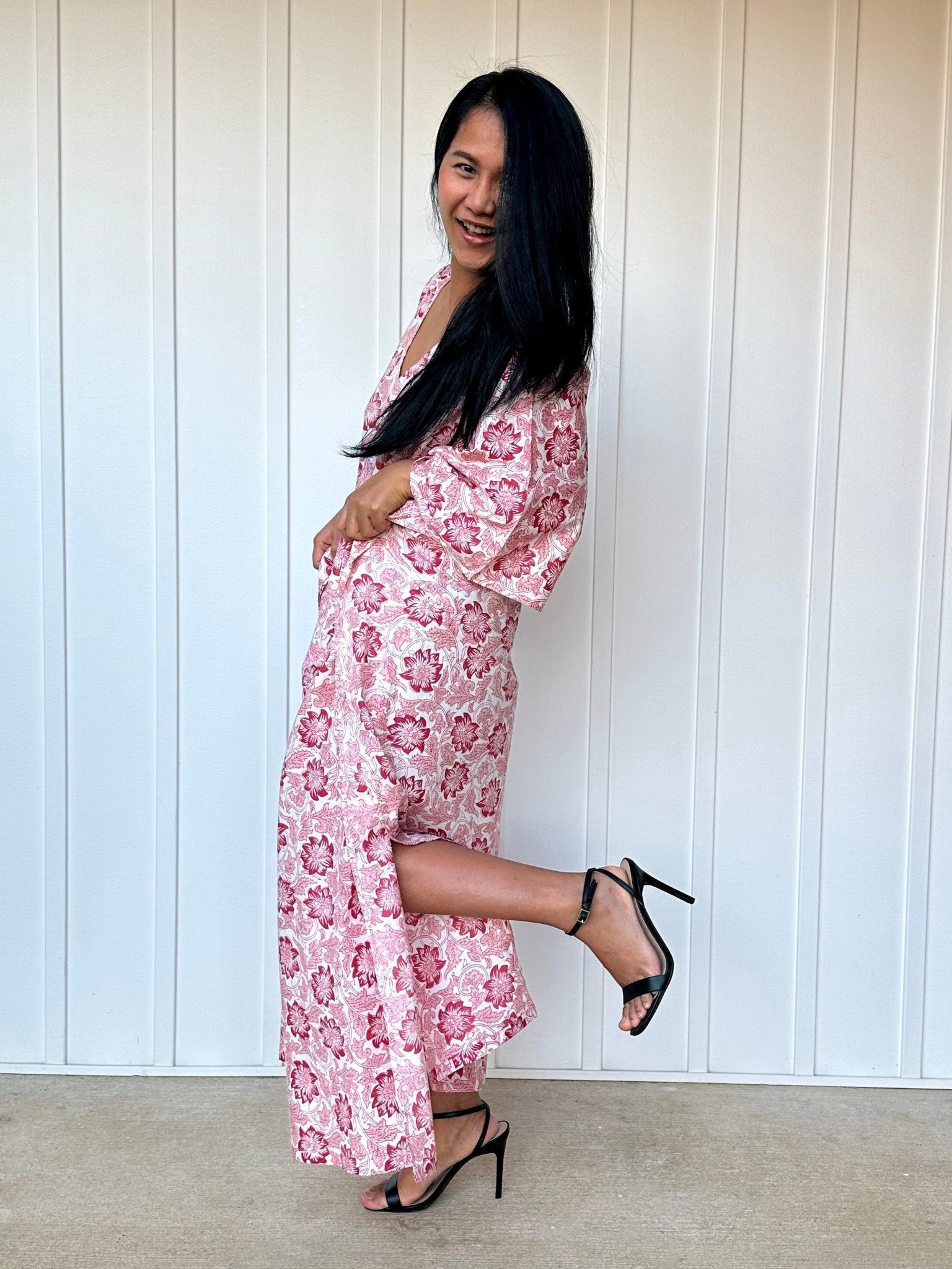 MALA handworks  56 Evelyn Kaftan in White and Floral Pattern