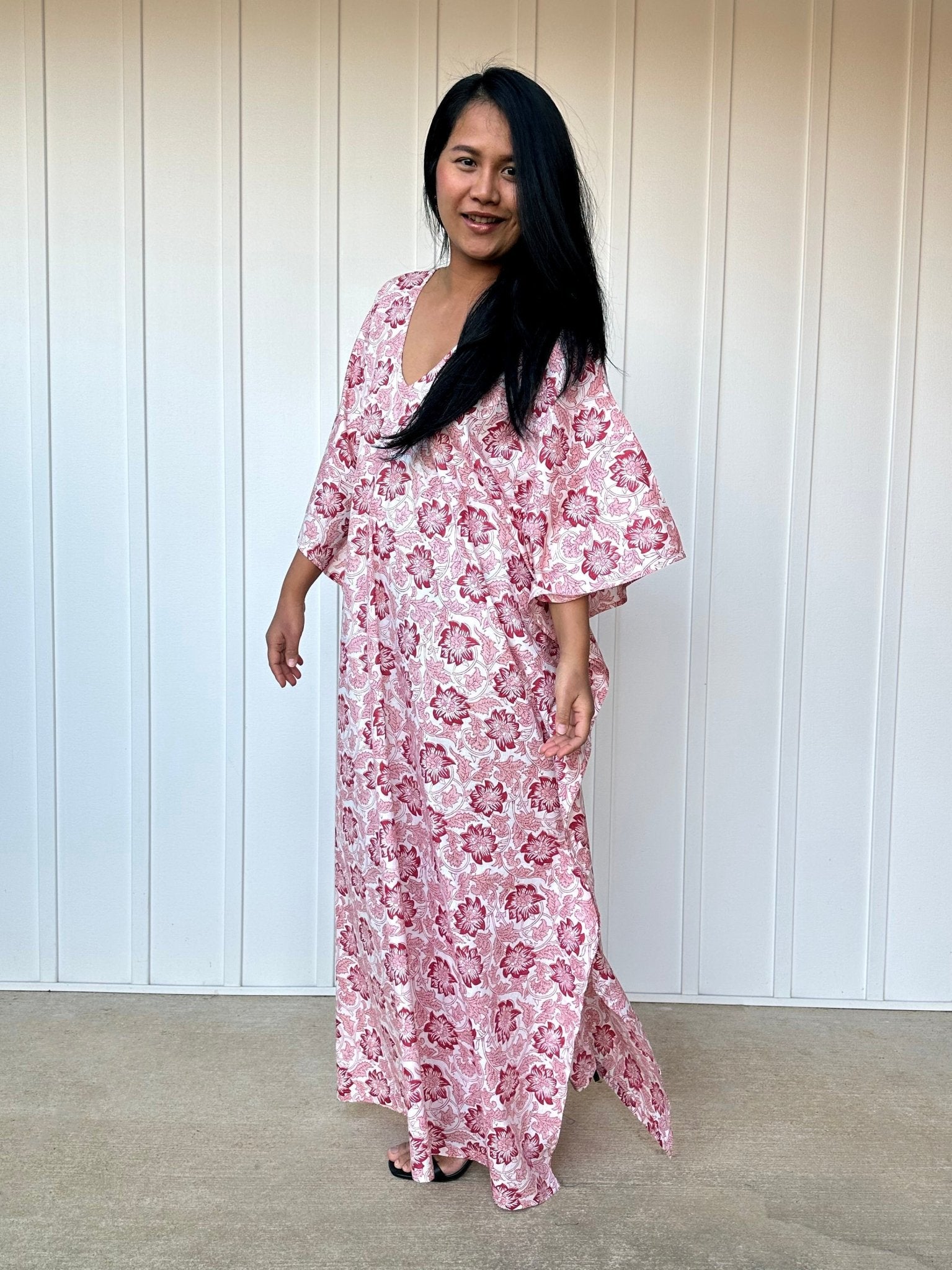 MALA handworks  56 Evelyn Kaftan in White and Floral Pattern