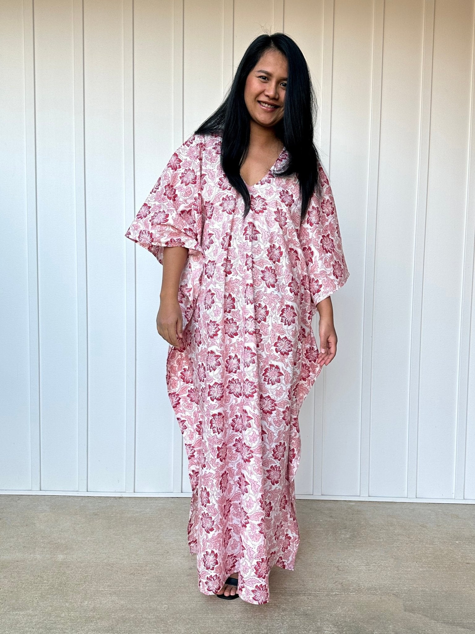 MALA handworks  56 Evelyn Kaftan in White and Floral Pattern