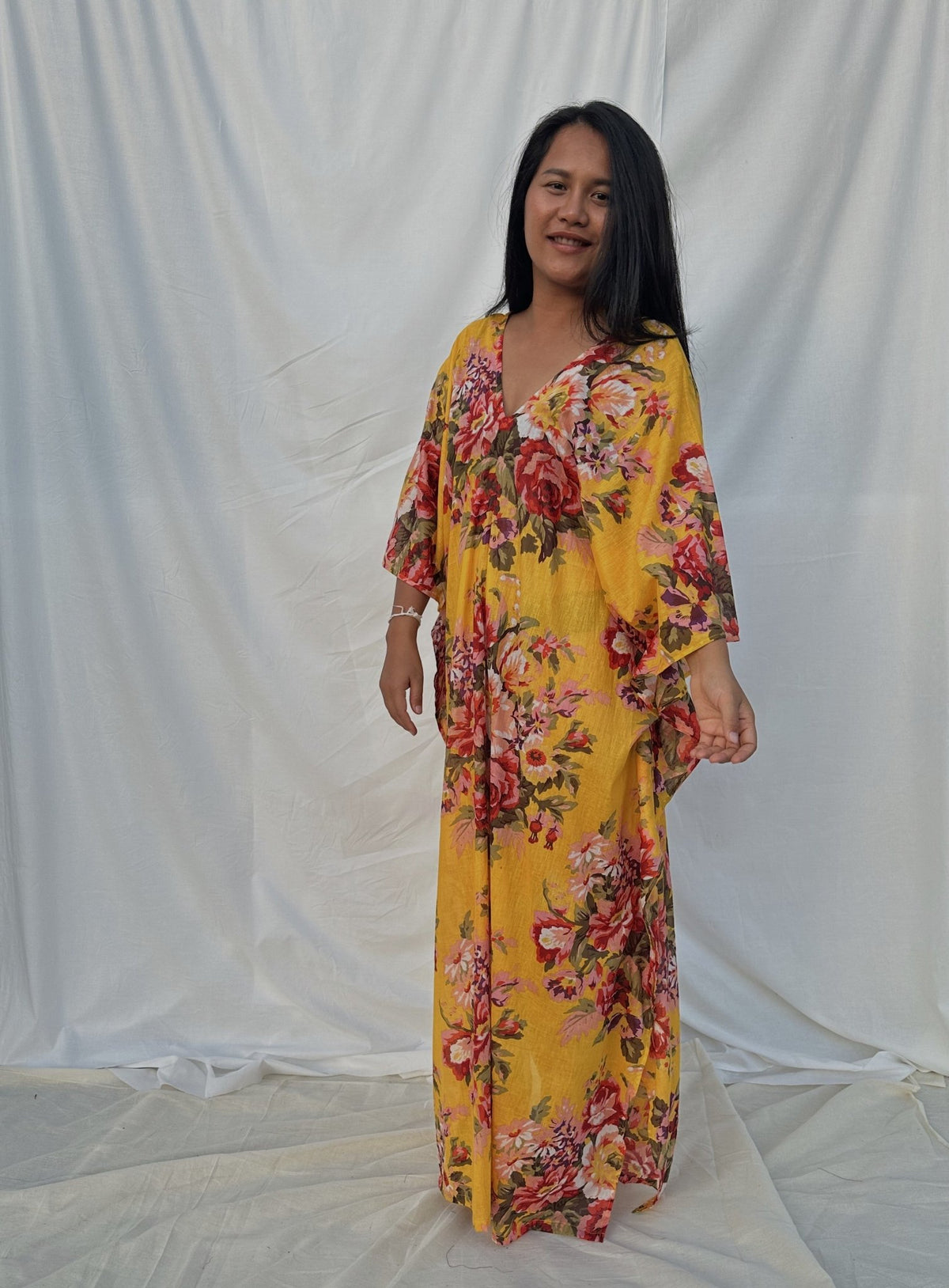 MALA handworks  56 Evelyn Kaftan in Yellow and Floral Pattern