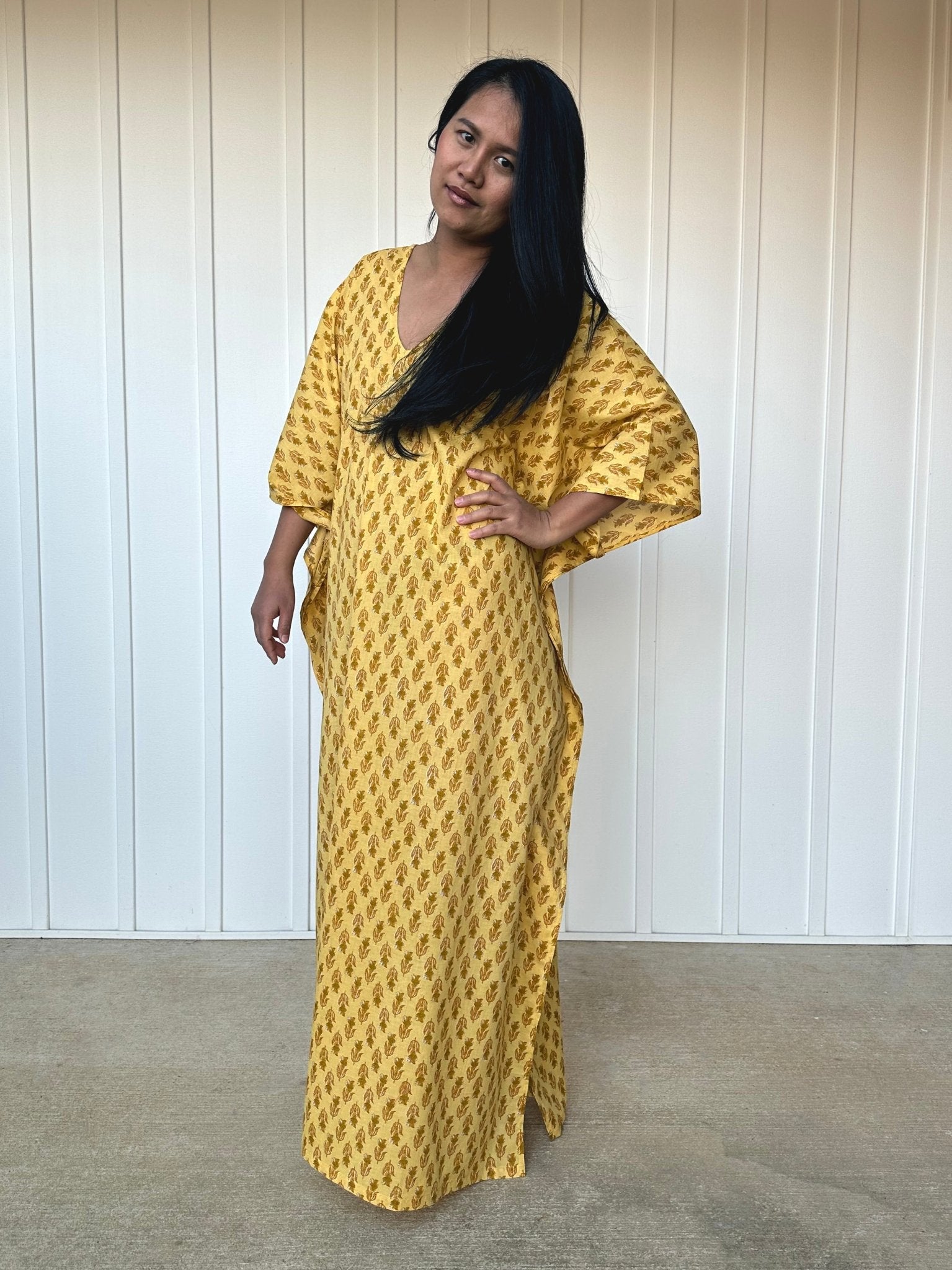 MALA handworks  56 Evelyn Kaftan in Yellow and Floral Pattern