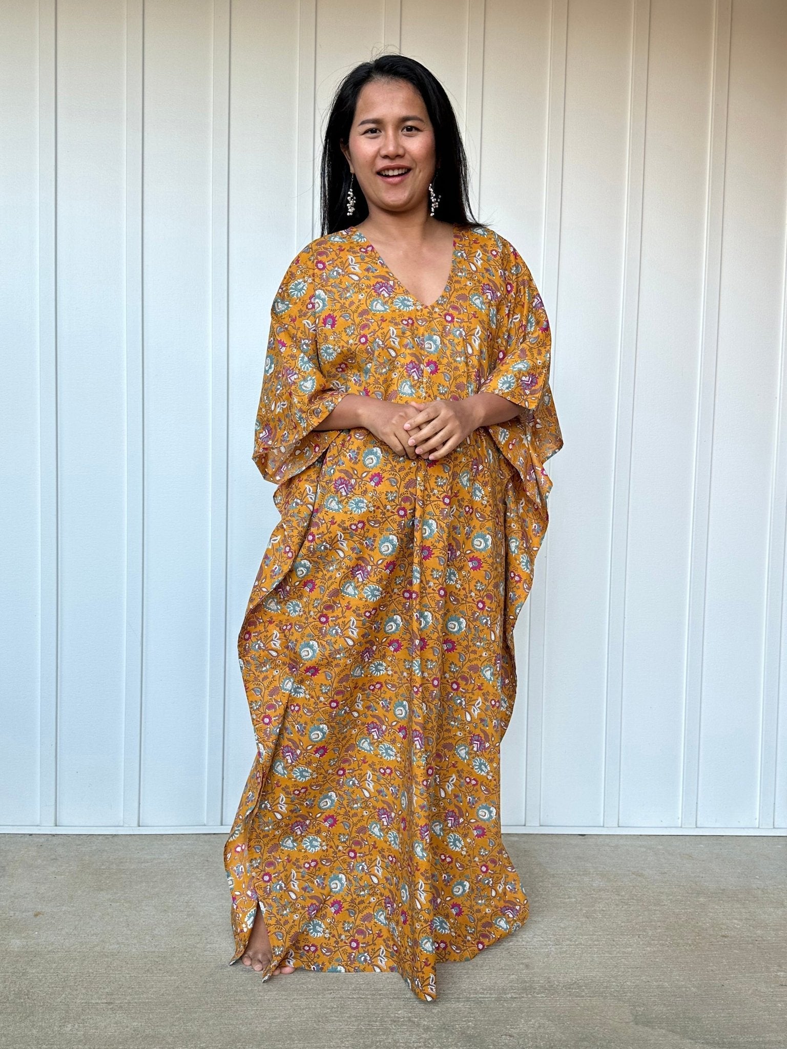 MALA handworks  Evelyn Kaftan in Yellow and Floral Pattern