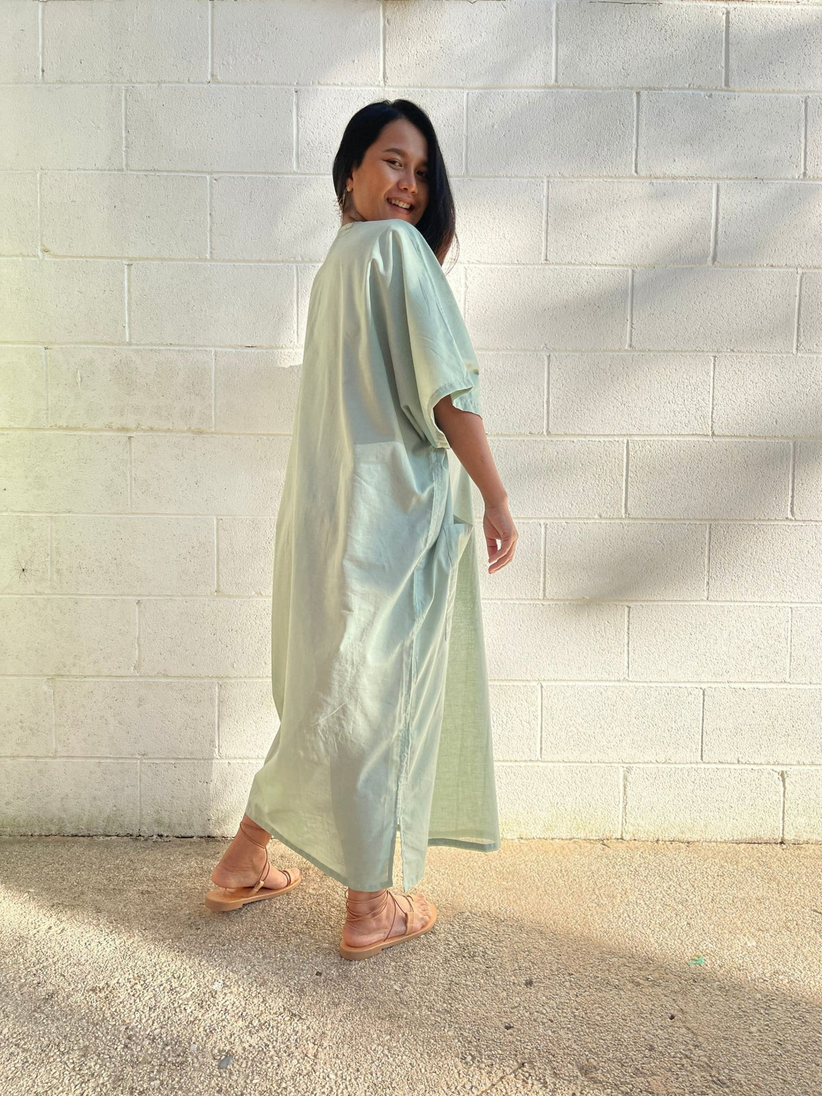 MALA handworks  Evelyn semi sheer Kaftan in Light Green with Pockets - Limited Edition
