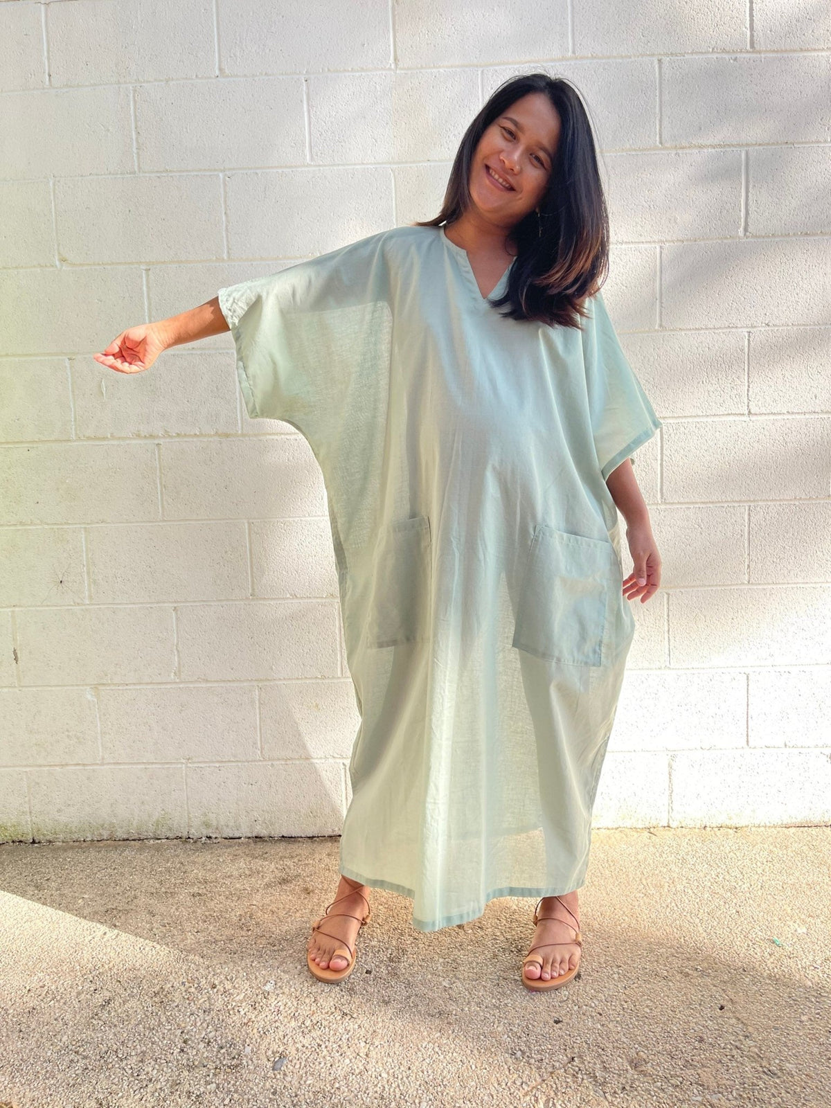 MALA handworks  Evelyn semi sheer Kaftan in Light Green with Pockets - Limited Edition