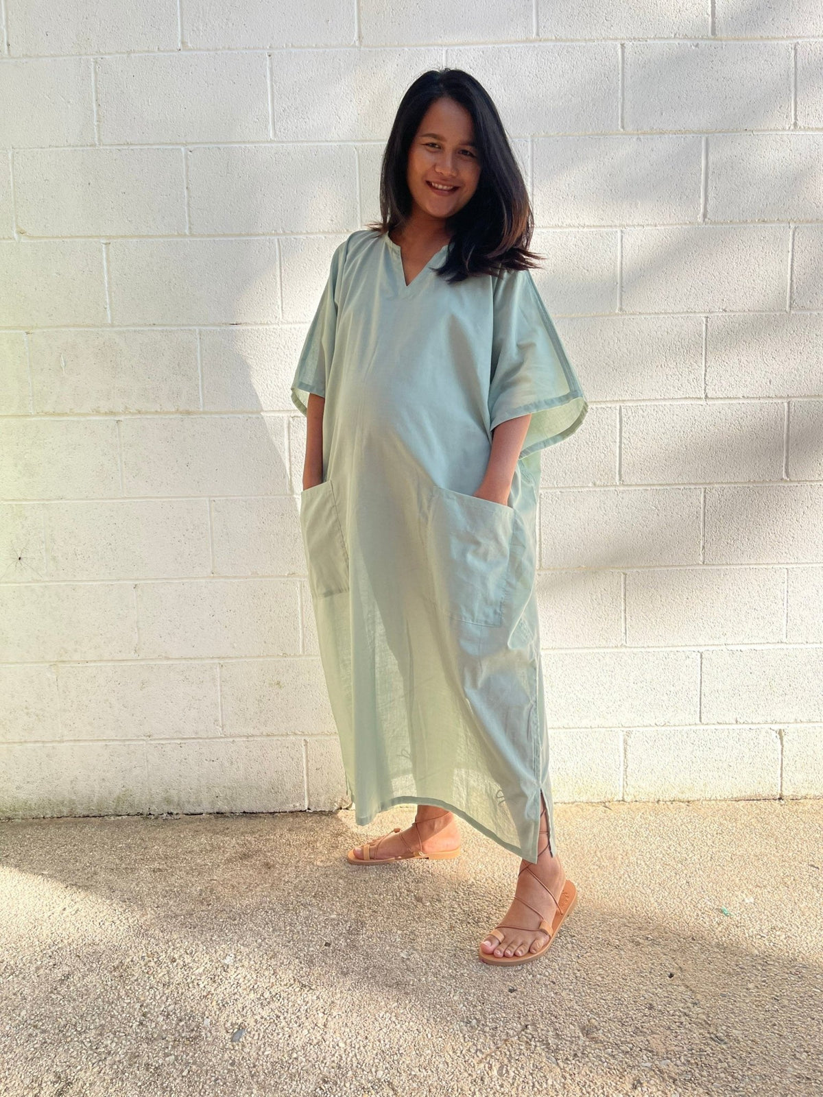 MALA handworks  Evelyn semi sheer Kaftan in Light Green with Pockets - Limited Edition