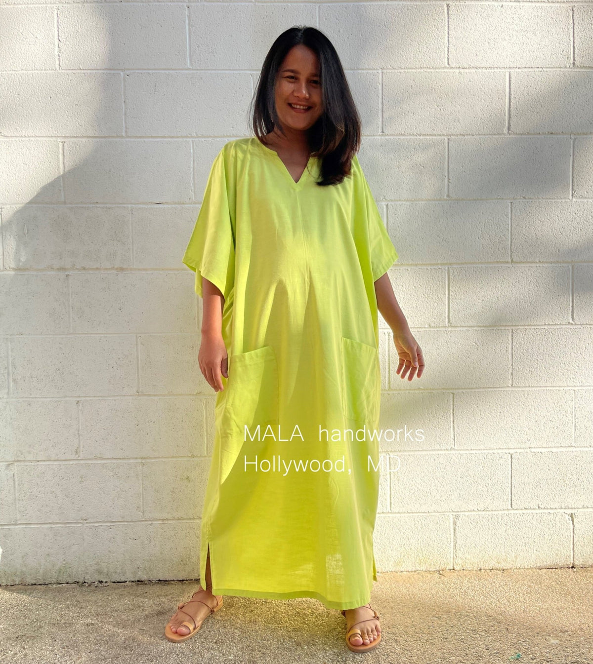 MALA handworks  Evelyn semi sheer Kaftan in Light Green Yellow with Pockets - Limited Edition