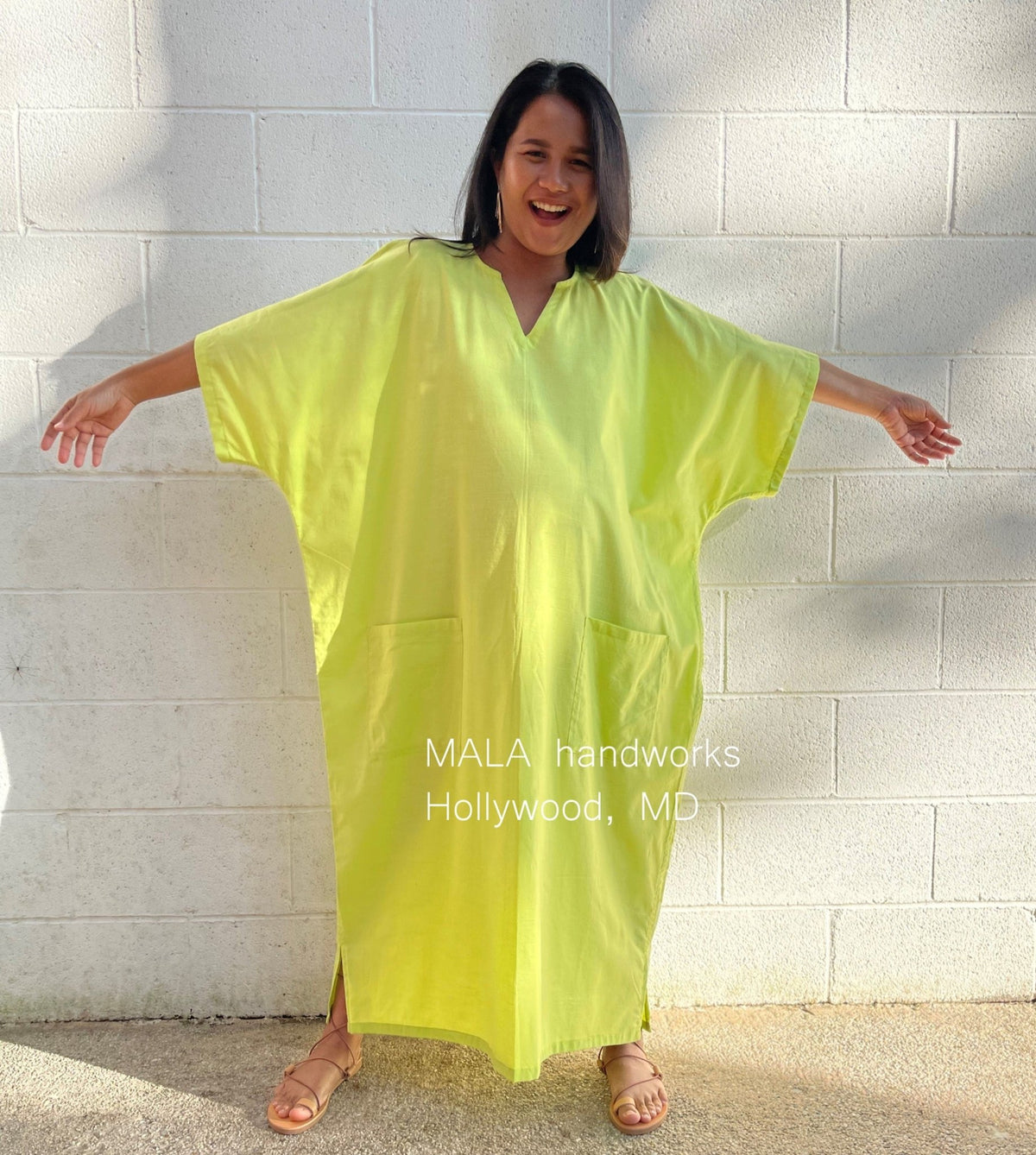 MALA handworks  Evelyn semi sheer Kaftan in Light Green Yellow with Pockets - Limited Edition