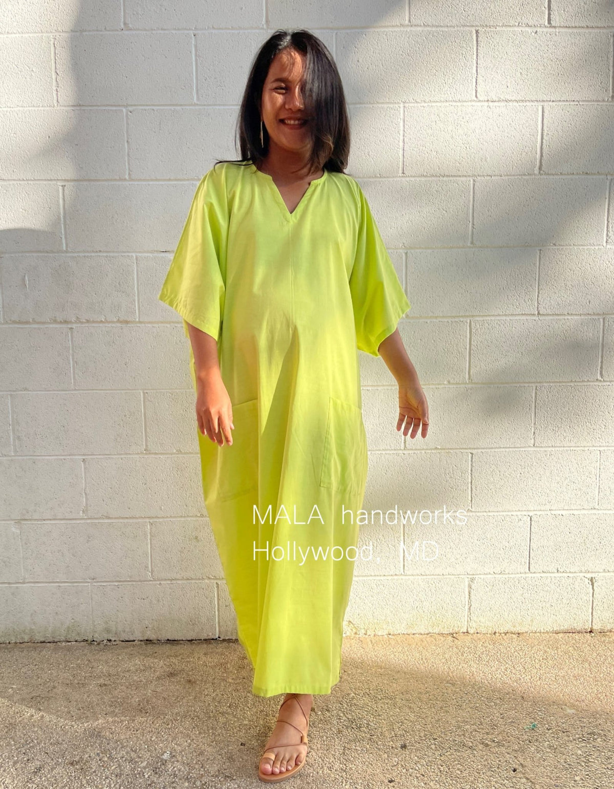 MALA handworks  Evelyn semi sheer Kaftan in Light Green Yellow with Pockets - Limited Edition