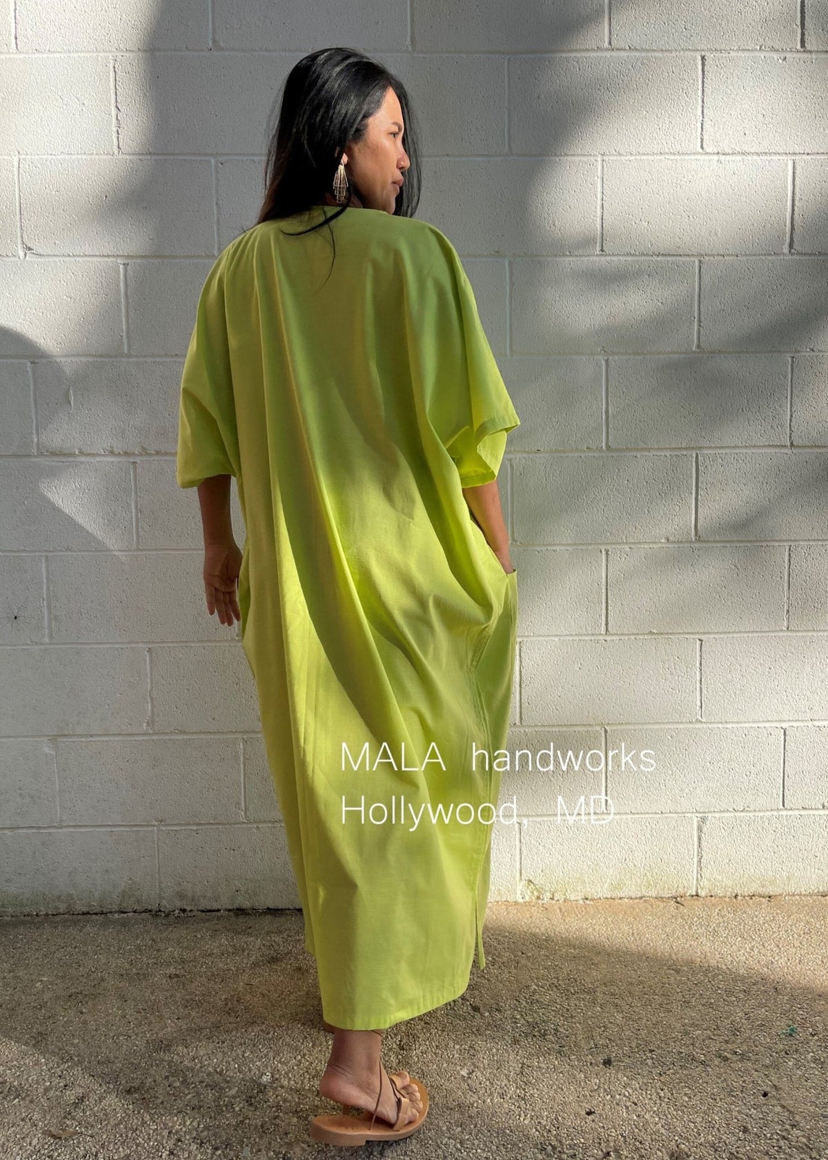 MALA handworks  Evelyn semi sheer Kaftan in Light Green Yellow with Pockets - Limited Edition