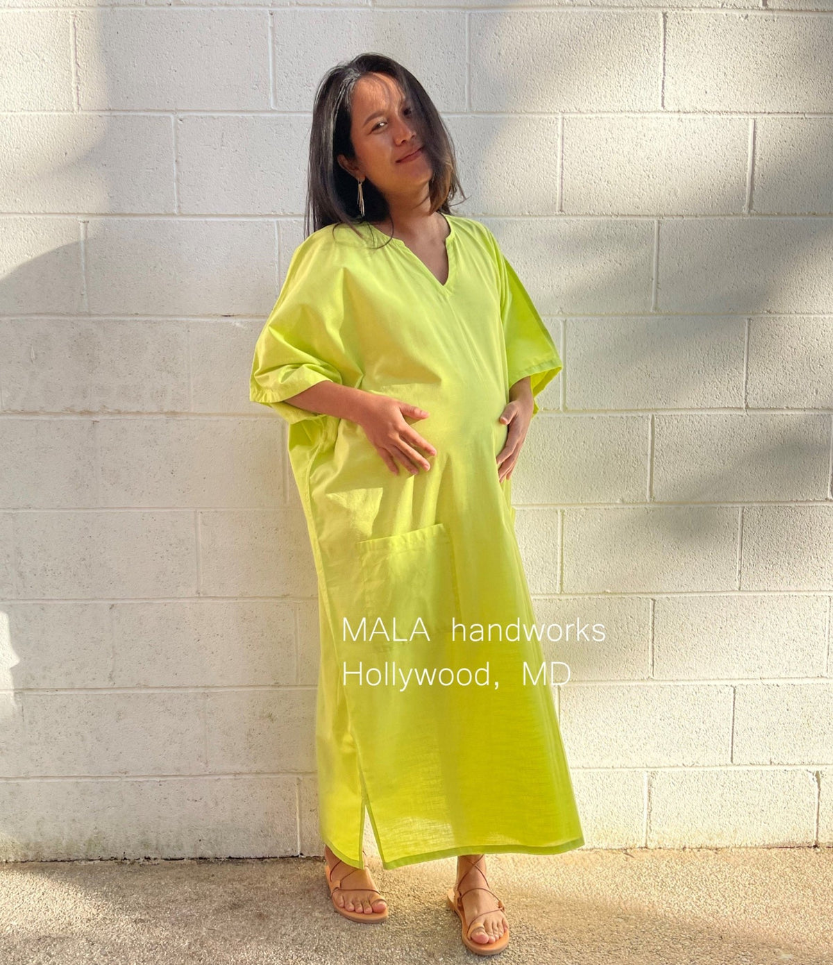 MALA handworks  Evelyn semi sheer Kaftan in Light Green Yellow with Pockets - Limited Edition
