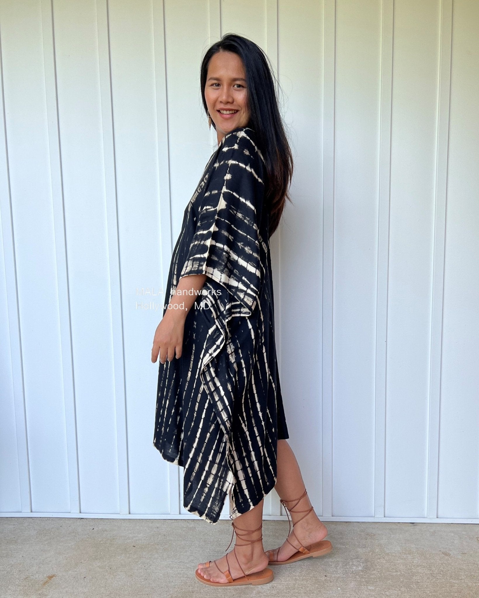 MALA handworks  Fiona Midi Kaftan in Black Tie Dye