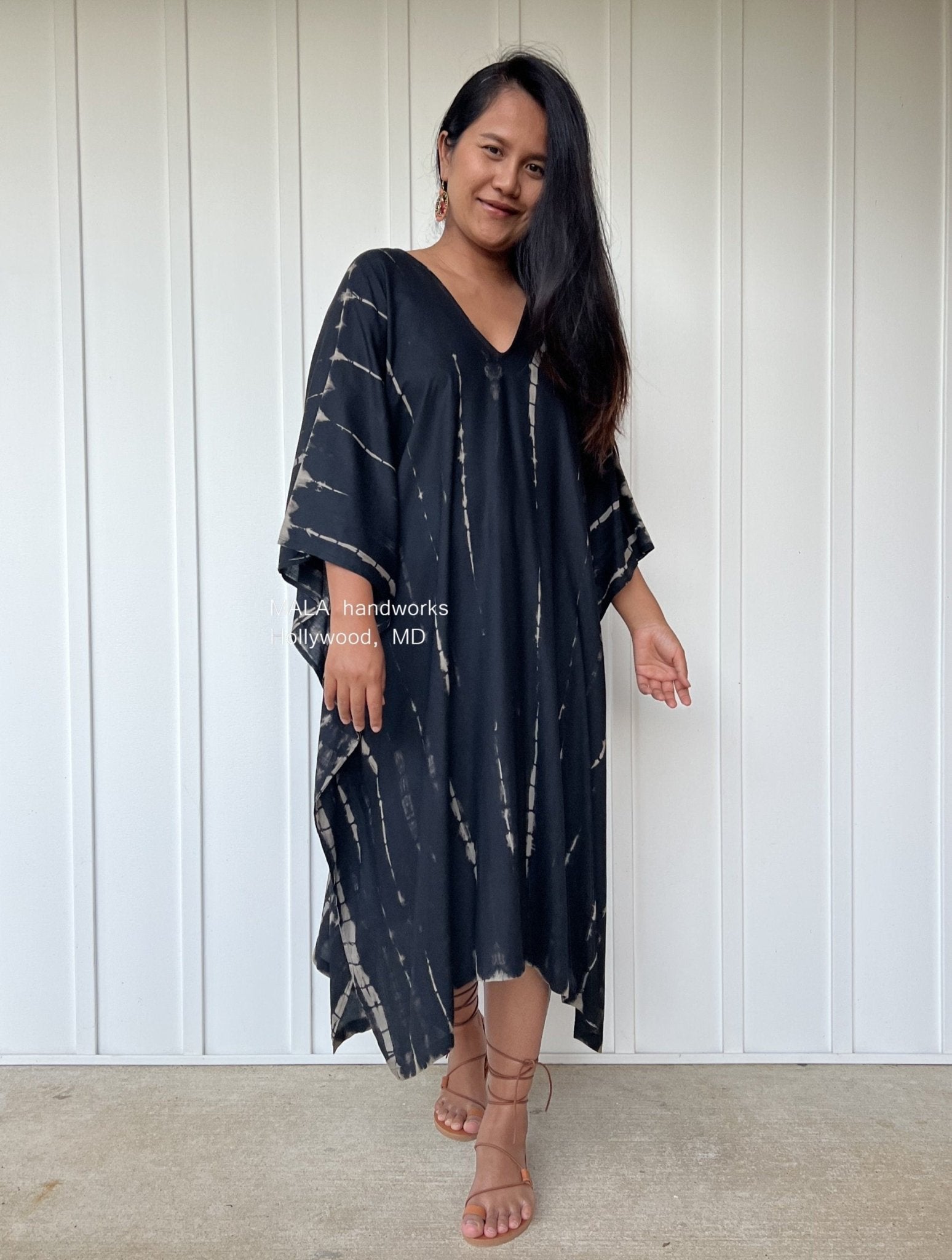 MALA handworks  Fiona Midi Kaftan in Black Tie Dye