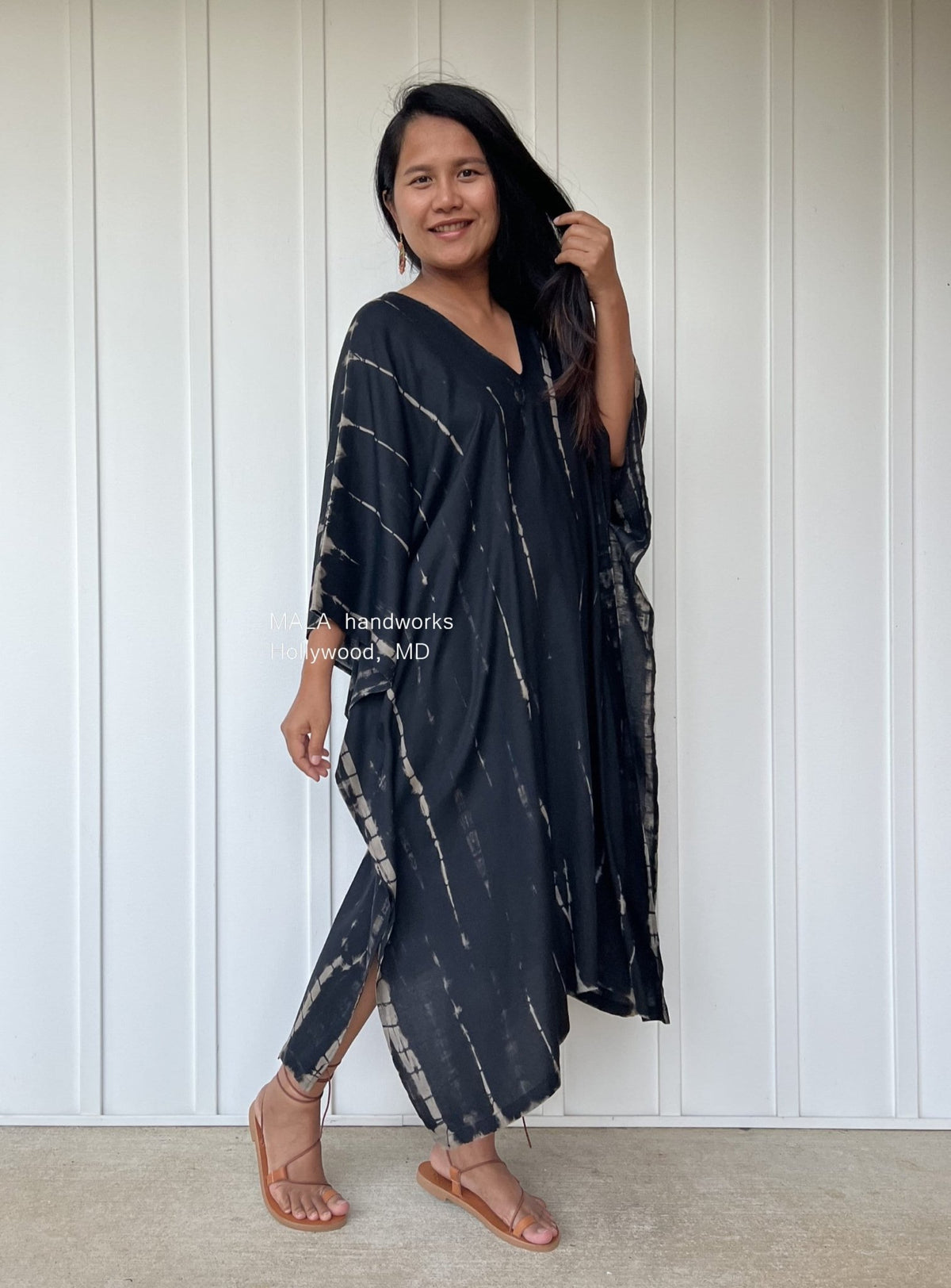 MALA handworks  Fiona Midi Kaftan in Black Tie Dye