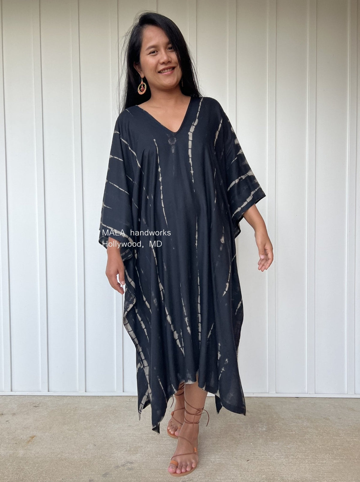 MALA handworks  Fiona Midi Kaftan in Black Tie Dye