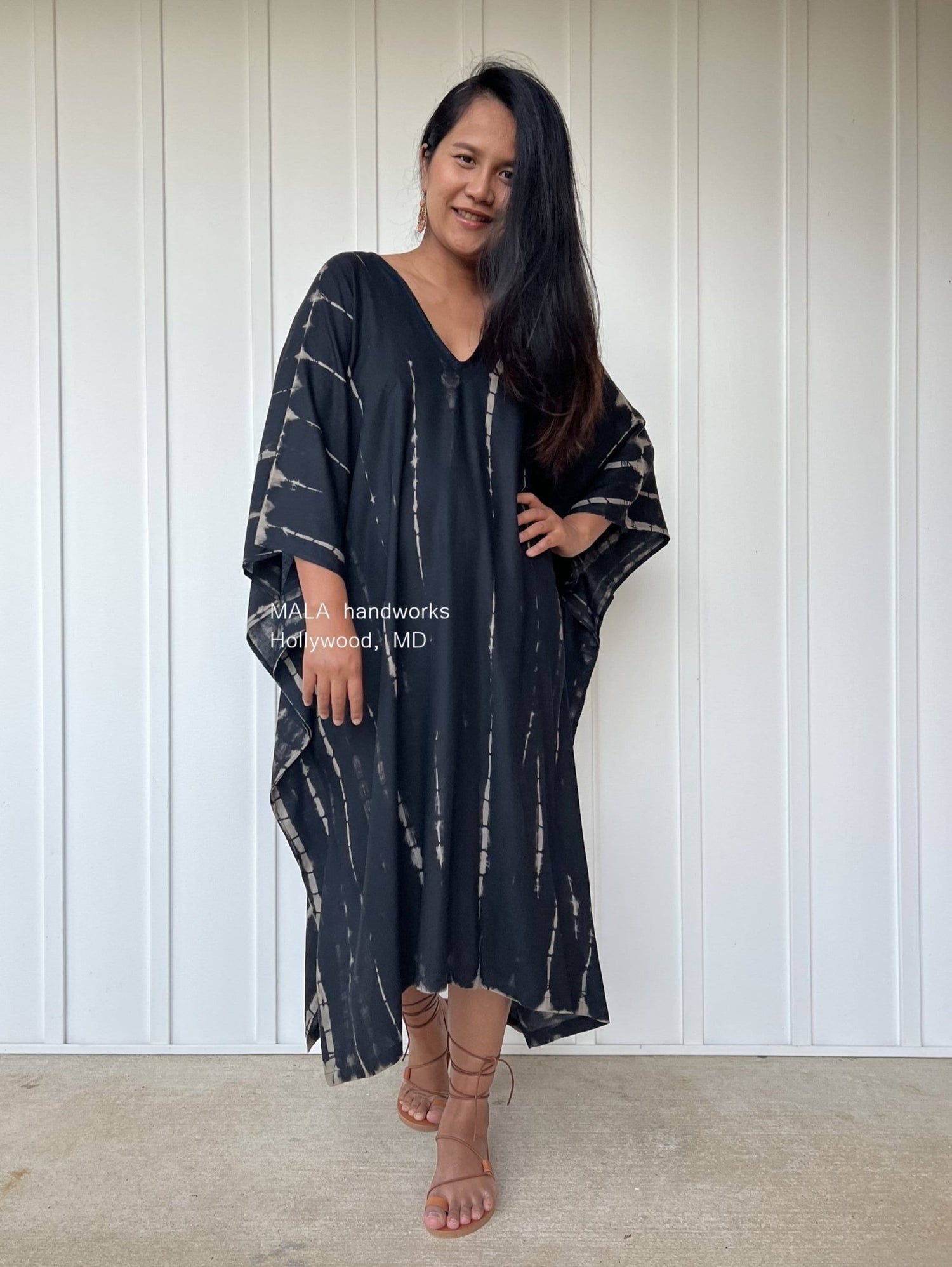 MALA handworks  Fiona Midi Kaftan in Black Tie Dye