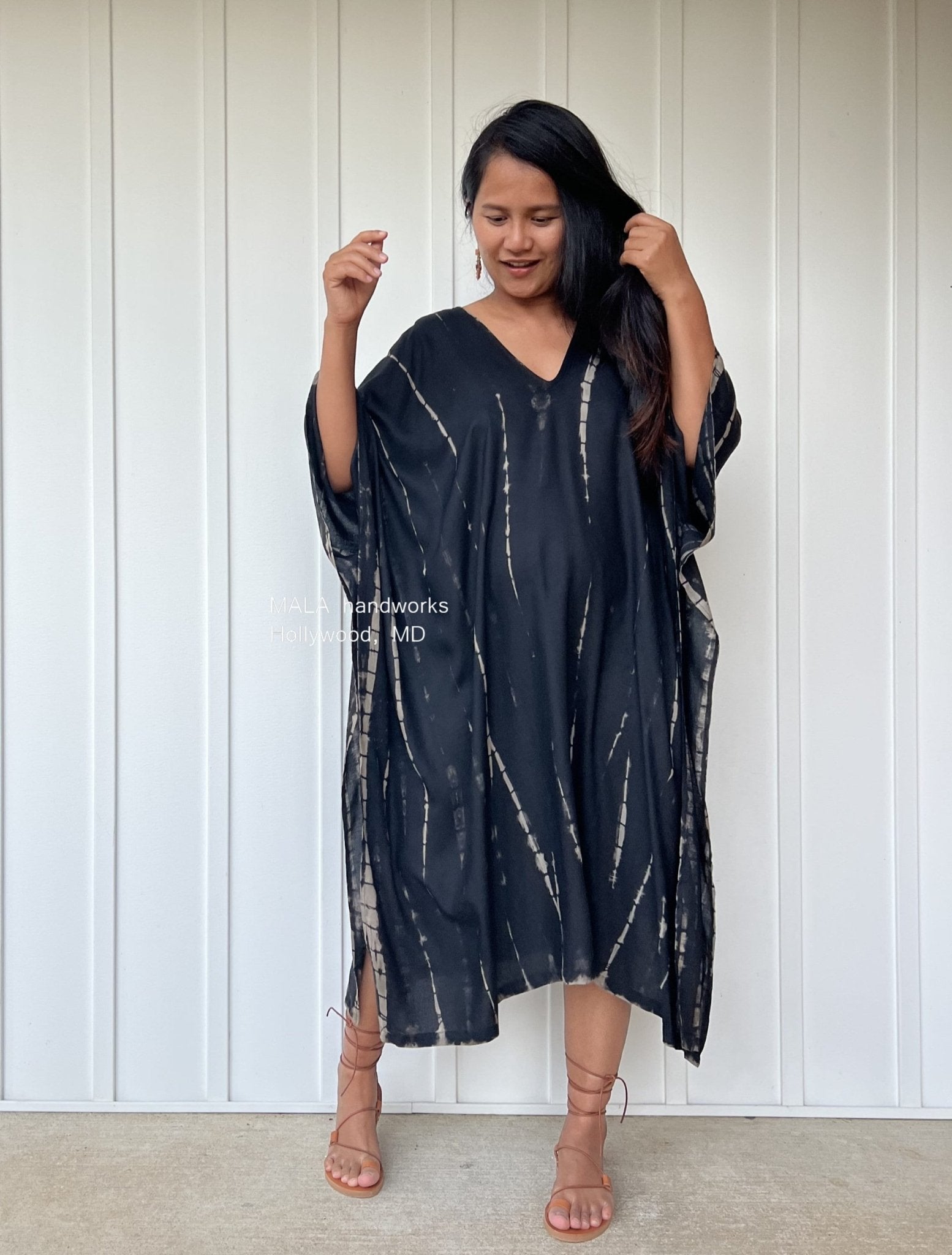 MALA handworks  Fiona Midi Kaftan in Black Tie Dye