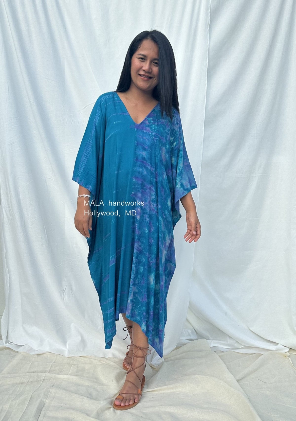 MALA handworks  Fiona Midi Kaftan in Blue Aqua and Purple Tie Dye