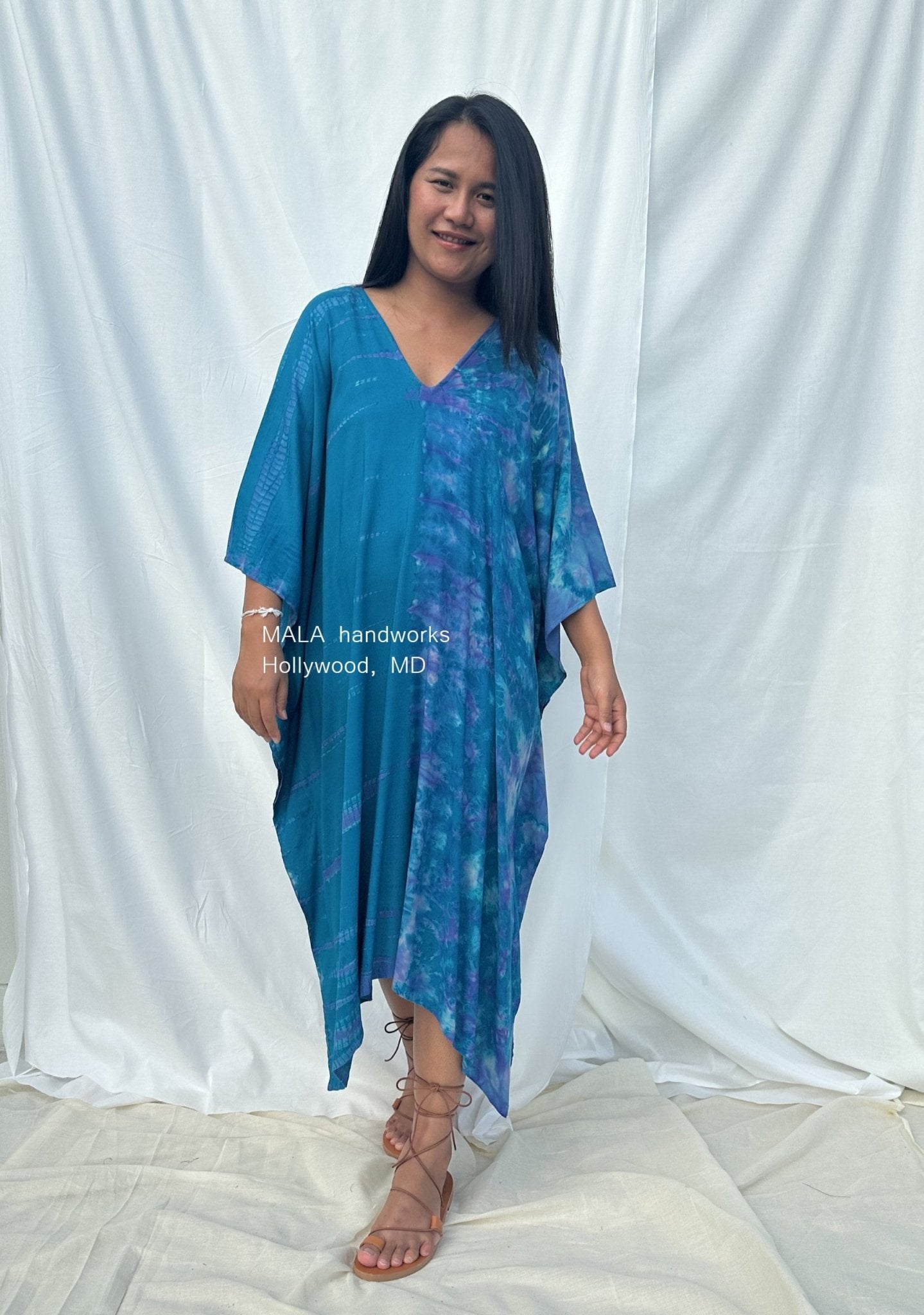 MALA handworks  Fiona Midi Kaftan in Blue Aqua and Purple Tie Dye