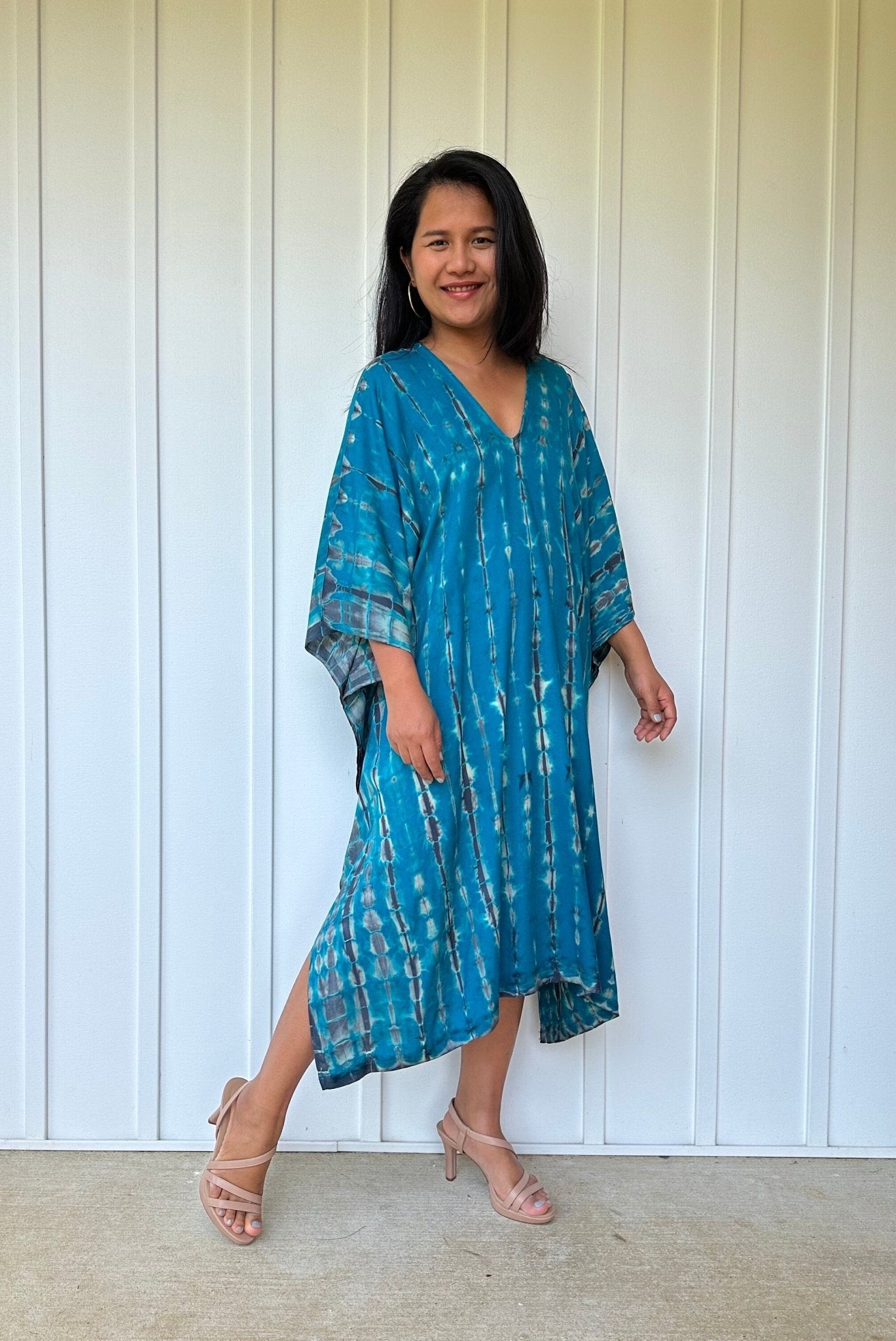 MALA handworks  Fiona Midi Kaftan in Blue Teal Tie Dye