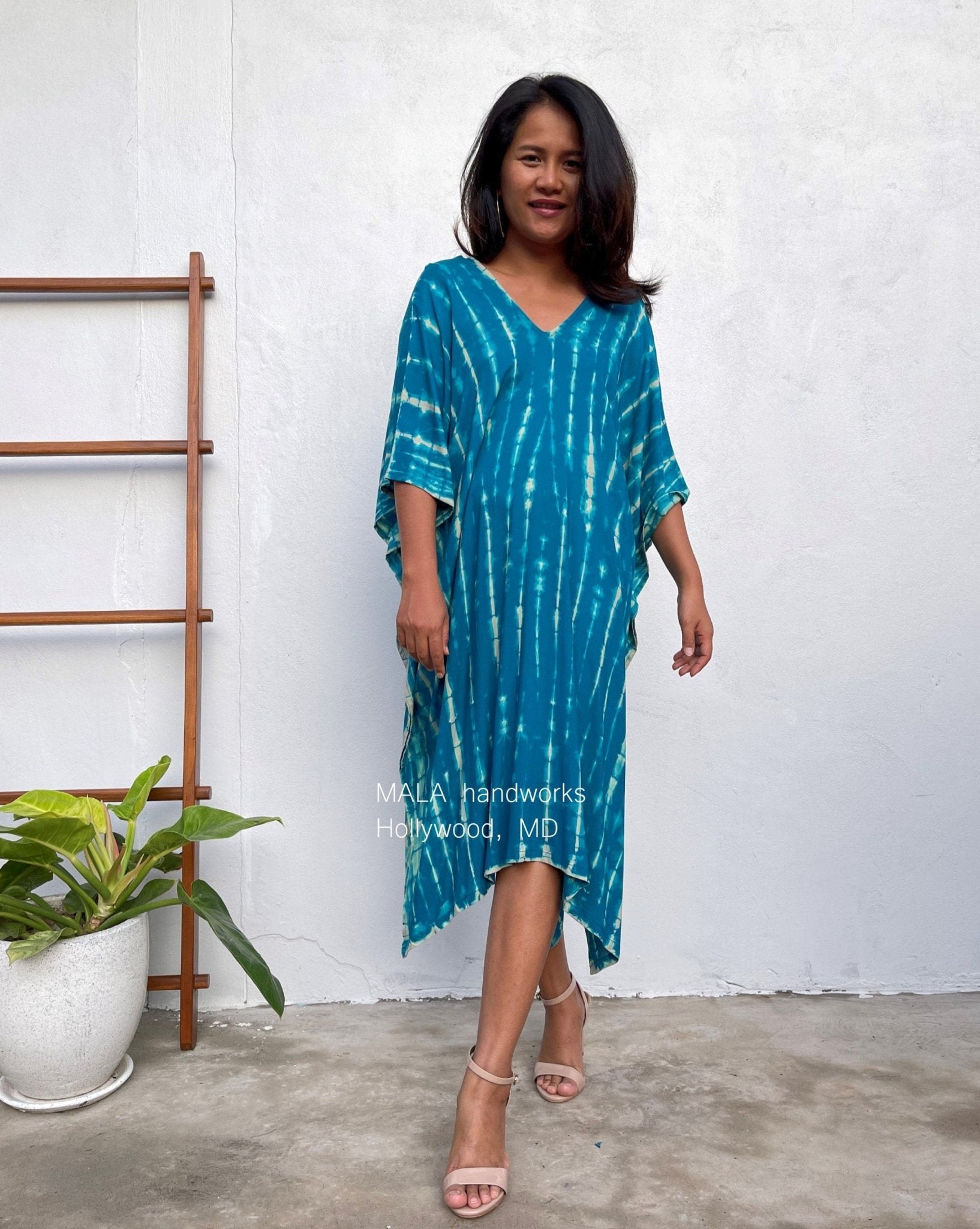 MALA handworks  Fiona Midi Kaftan in Blue Teal Tie Dye