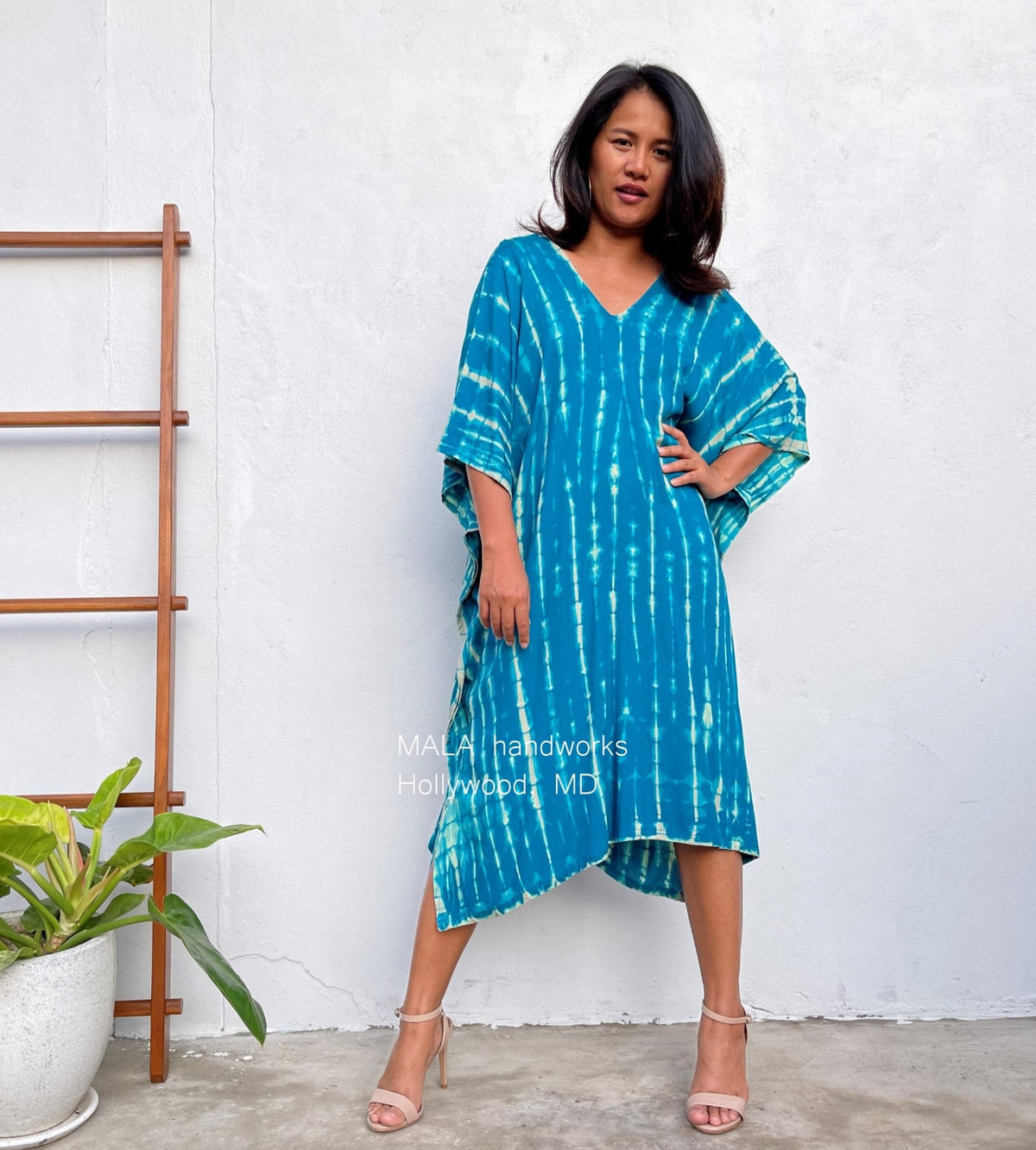 MALA handworks  Fiona Midi Kaftan in Blue Teal Tie Dye