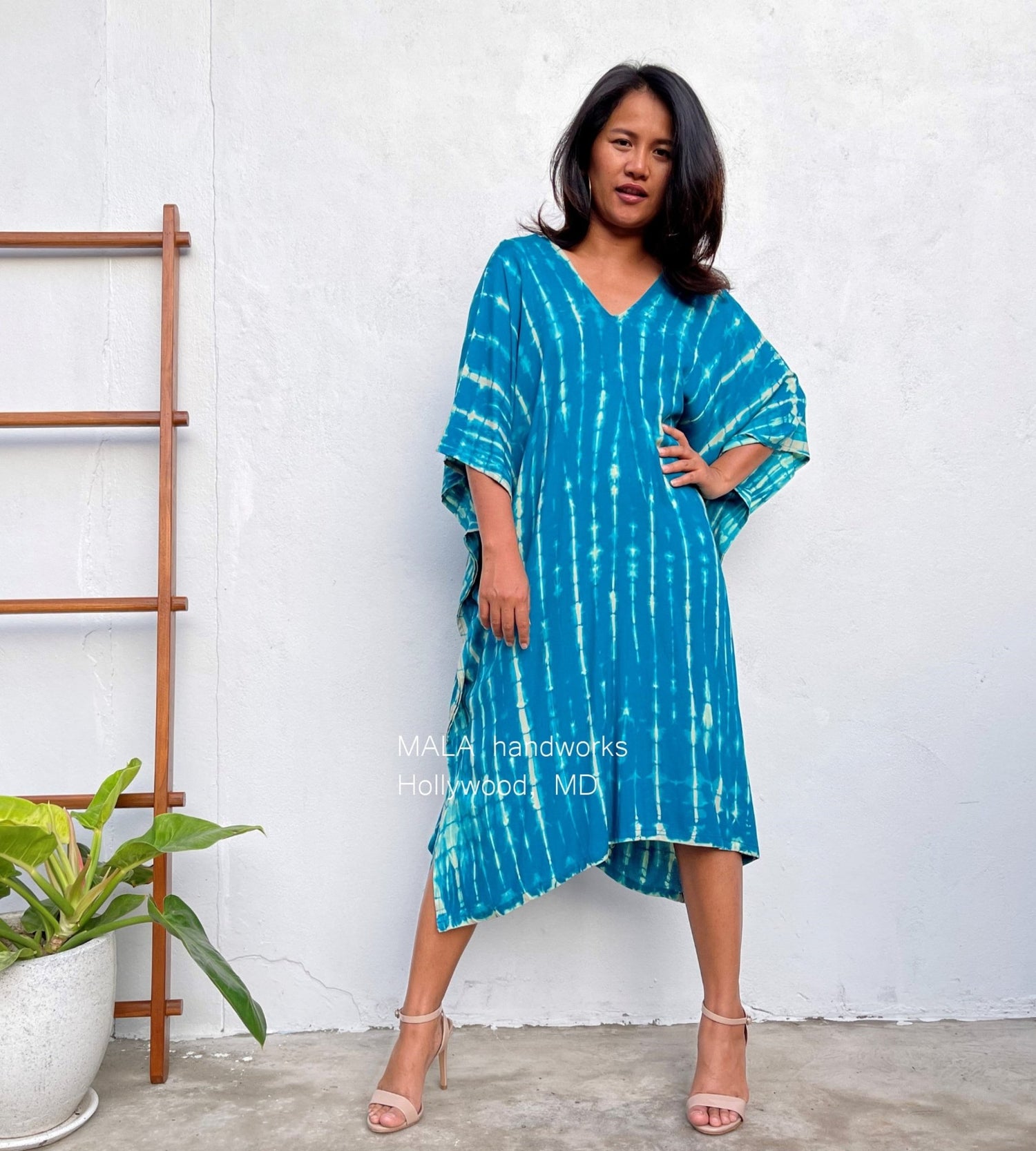 MALA handworks  Fiona Midi Kaftan in Blue Teal Tie Dye
