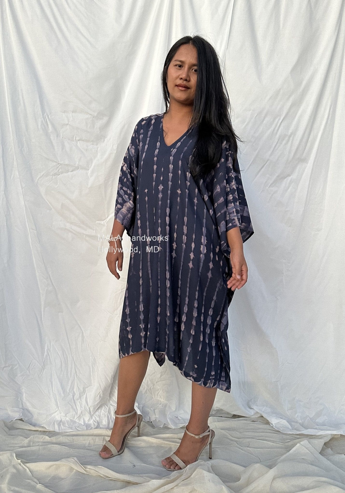 MALA handworks  Fiona Midi Kaftan in Dark Blue and Purple Tie Dye