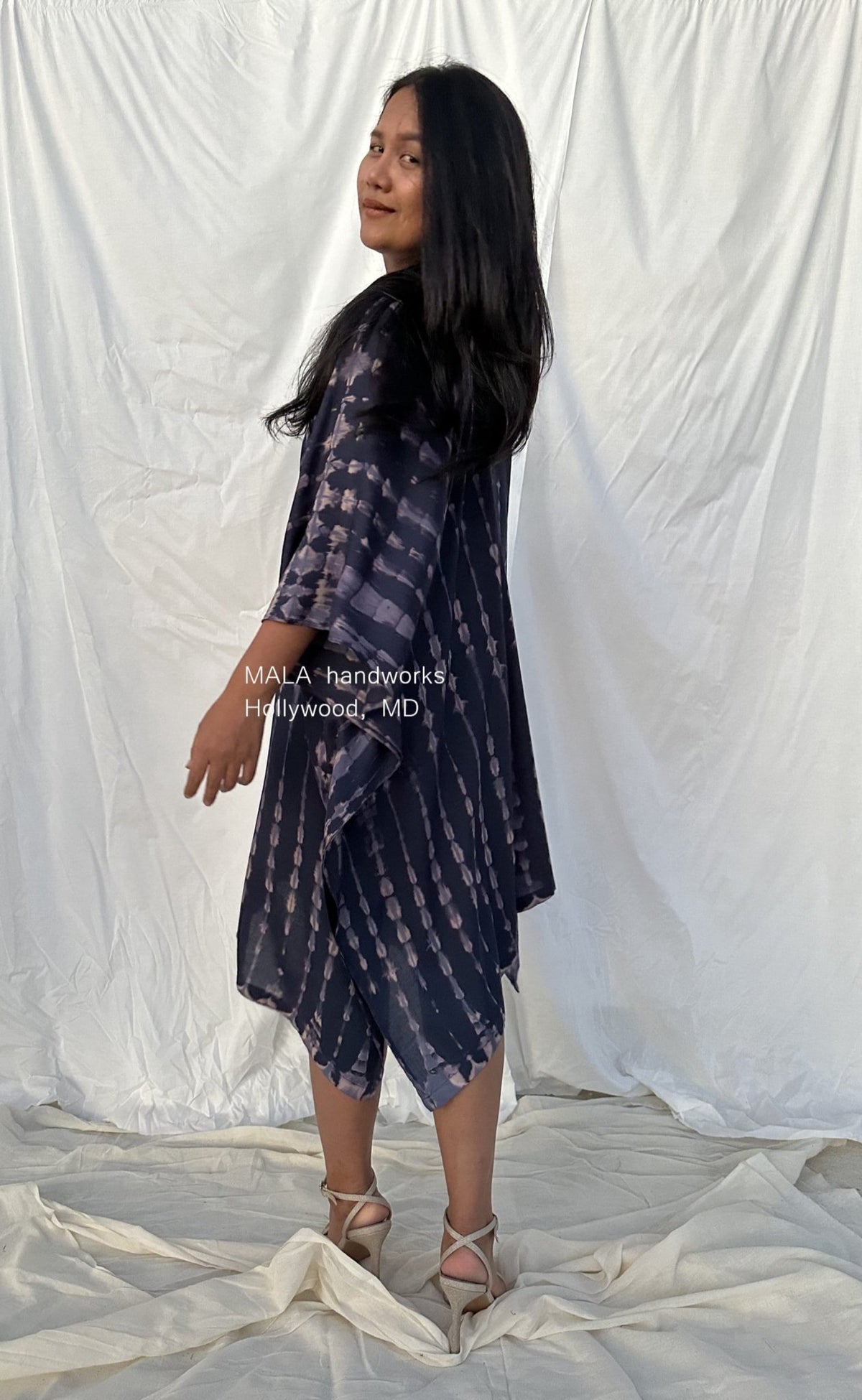 MALA handworks  Fiona Midi Kaftan in Dark Blue and Purple Tie Dye